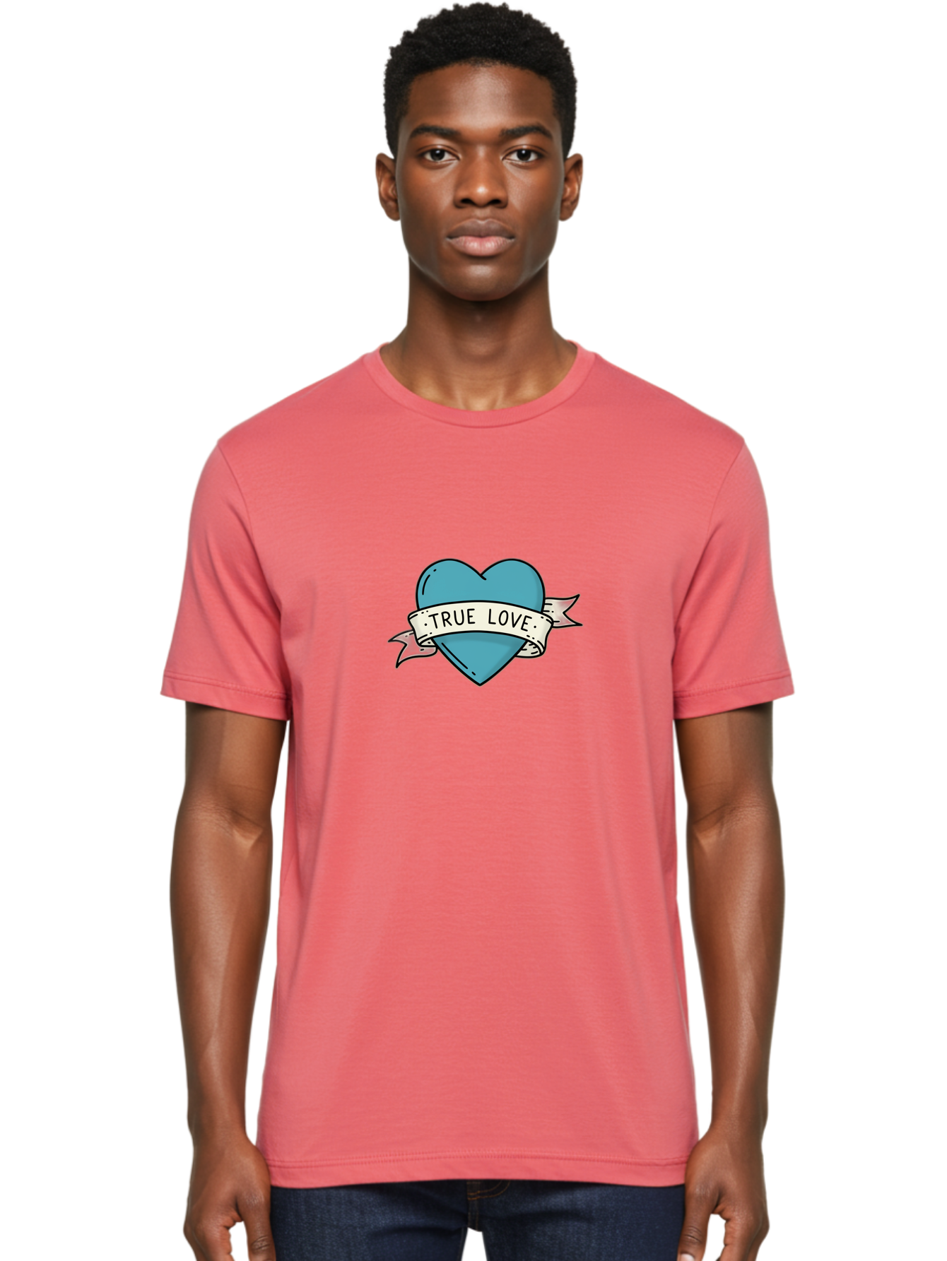 True-Love-1 Men'S Graphic Tee, 100% Cotton, Comfortable Casual Summer Wear, Machine Washable, Tattoo Heart Design, Blue Heart Illustration, True Love Symbol, Banner Wrapped Heart, Classic Tattoo Style, Simple Design Elements, Bae309 24