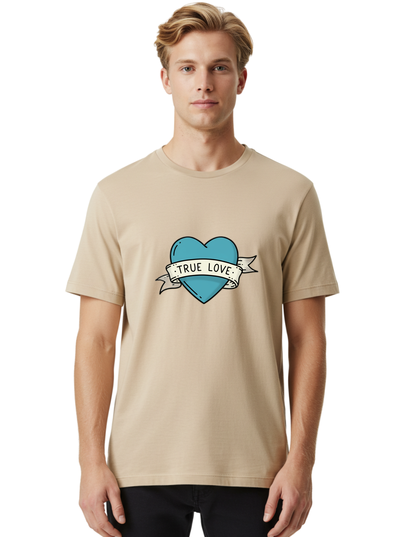 True-Love-1 Men'S Graphic Tee, 100% Cotton, Comfortable Casual Summer Wear, Machine Washable, Tattoo Heart Design, Blue Heart Illustration, True Love Symbol, Banner Wrapped Heart, Classic Tattoo Style, Simple Design Elements, Bae309 25