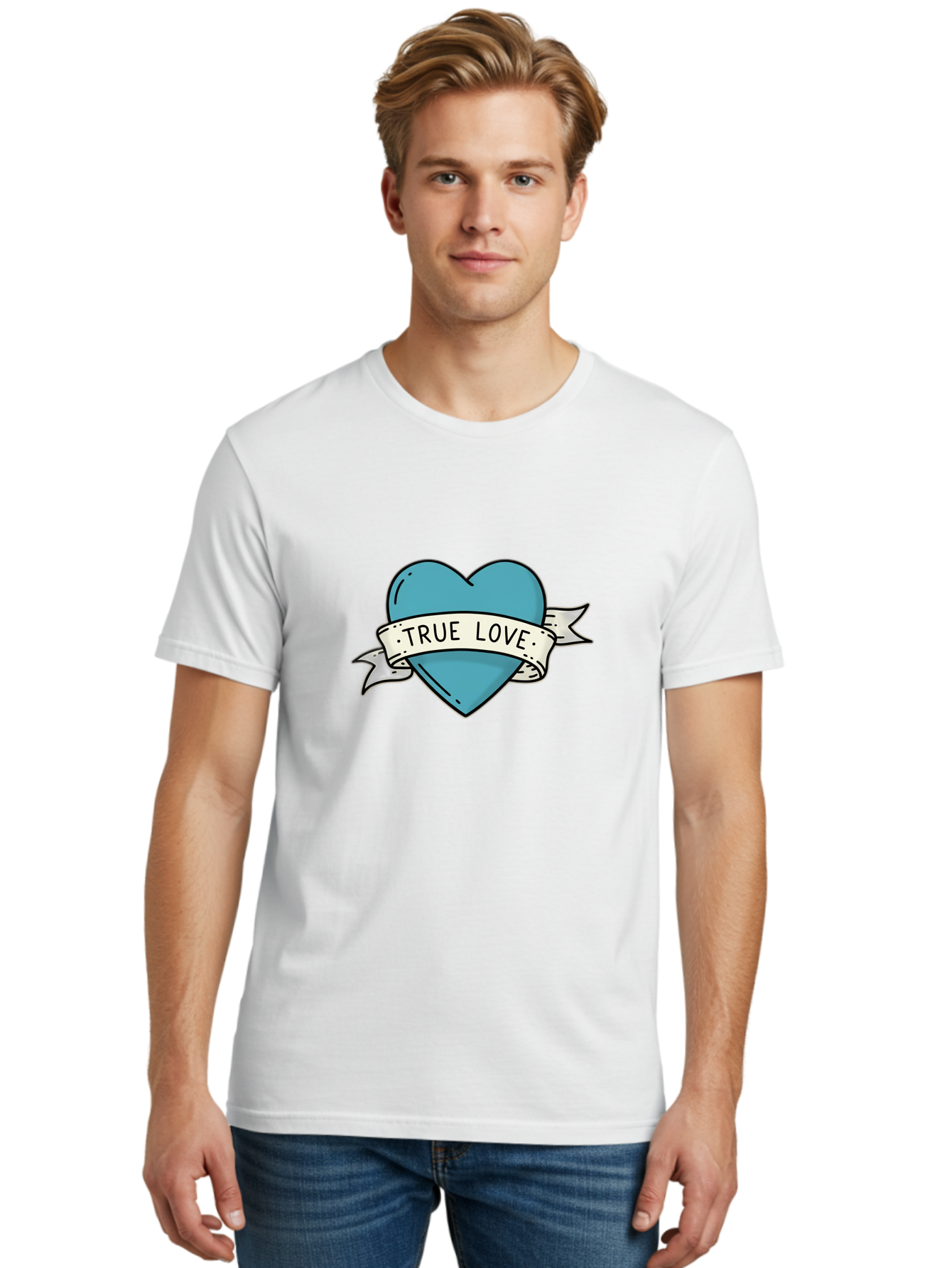 True-Love-1 Men'S Graphic Tee, 100% Cotton, Comfortable Casual Summer Wear, Machine Washable, Tattoo Heart Design, Blue Heart Illustration, True Love Symbol, Banner Wrapped Heart, Classic Tattoo Style, Simple Design Elements, Bae309 29