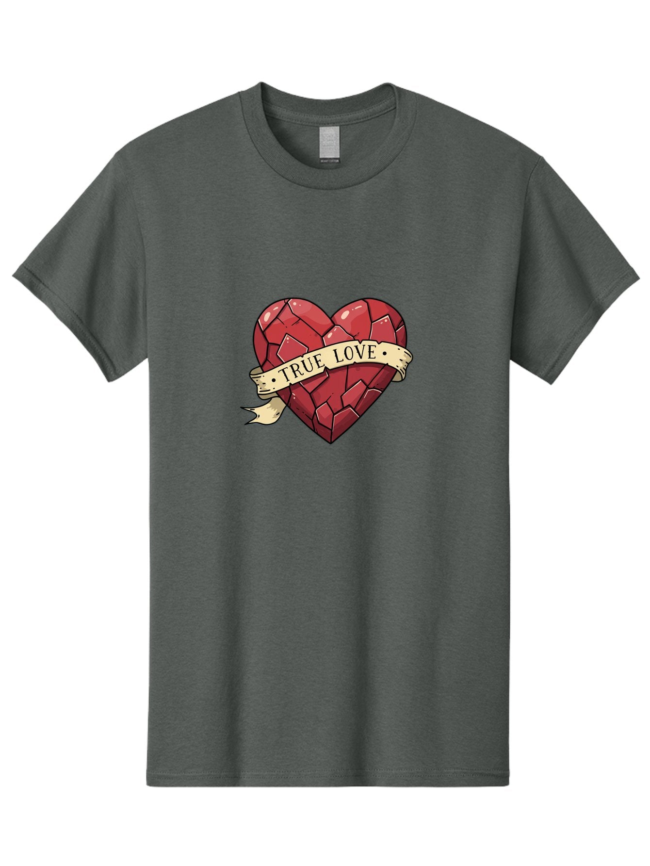 True-Love-10 Men'S Graphic Tee, 100% Cotton, Comfortable Casual Summer Wear, Machine Washable, Shattered Heart, Broken Heart, True Love, Vintage Style, Tattoo Art, Heartbreak, Love Symbol, Red Heart, Beige Ribbon Bae310