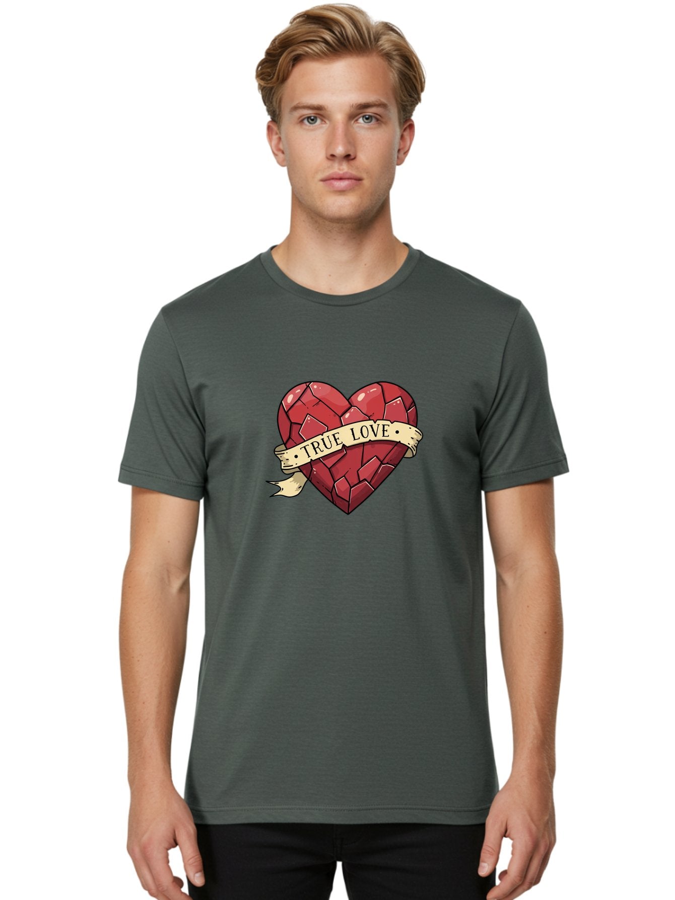 True-Love-10 Men'S Graphic Tee, 100% Cotton, Comfortable Casual Summer Wear, Machine Washable, Shattered Heart, Broken Heart, True Love, Vintage Style, Tattoo Art, Heartbreak, Love Symbol, Red Heart, Beige Ribbon Bae310 21
