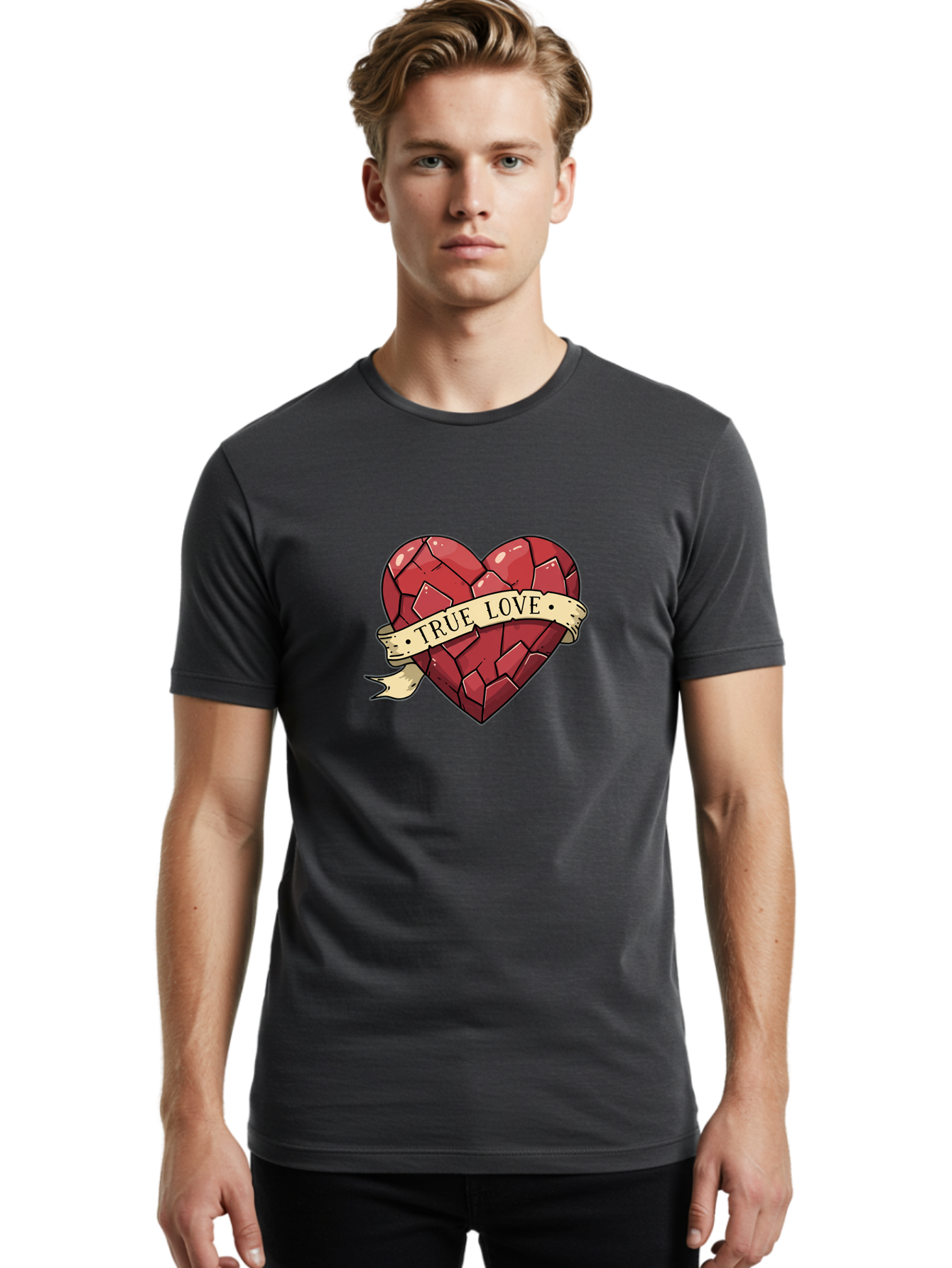 True-Love-10 Men'S Graphic Tee, 100% Cotton, Comfortable Casual Summer Wear, Machine Washable, Shattered Heart, Broken Heart, True Love, Vintage Style, Tattoo Art, Heartbreak, Love Symbol, Red Heart, Beige Ribbon Bae310 16