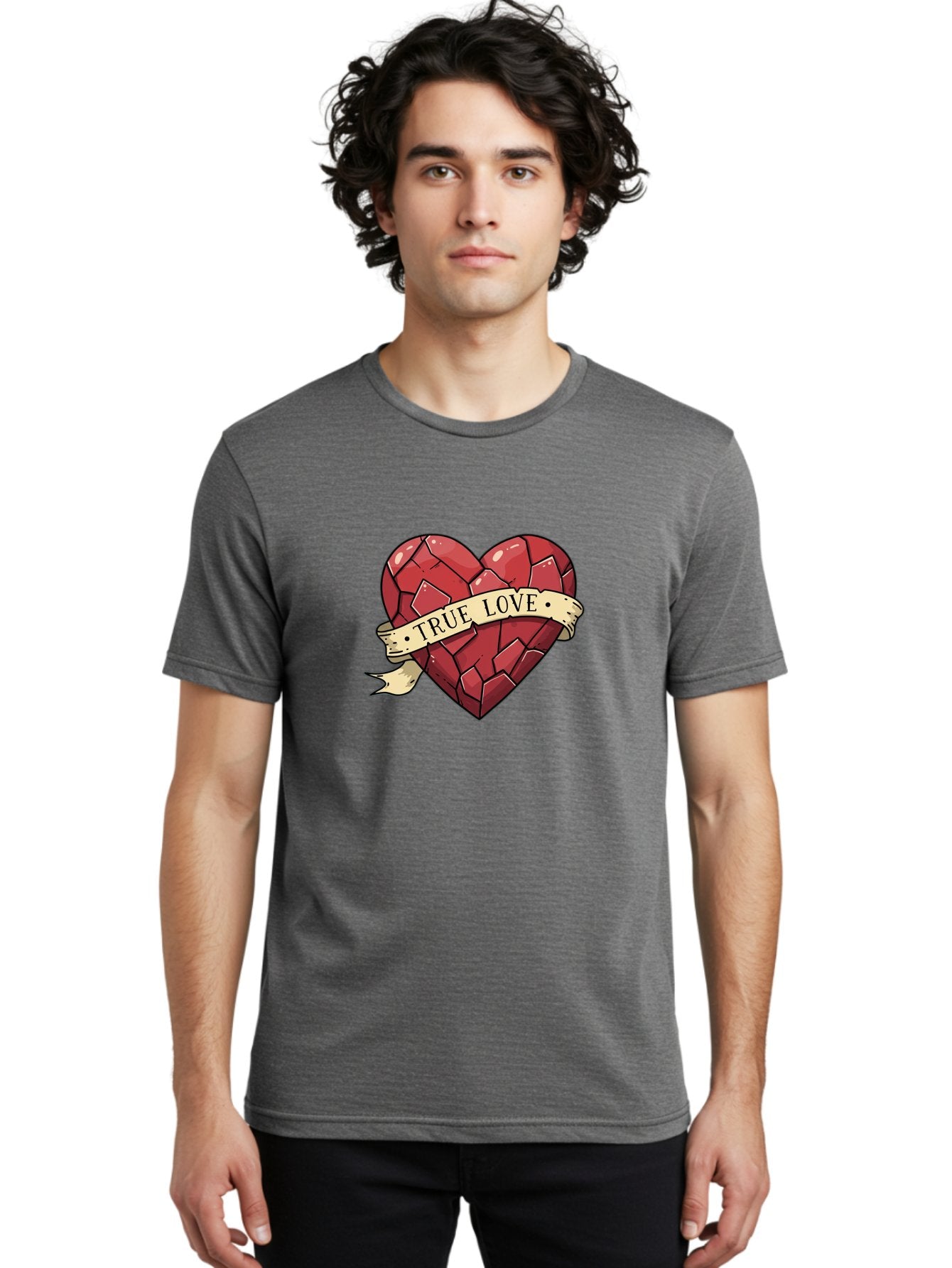 True-Love-10 Men'S Graphic Tee, 100% Cotton, Comfortable Casual Summer Wear, Machine Washable, Shattered Heart, Broken Heart, True Love, Vintage Style, Tattoo Art, Heartbreak, Love Symbol, Red Heart, Beige Ribbon Bae310 17