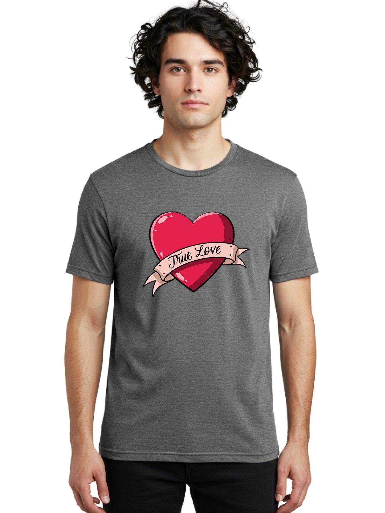 True-Love-2 Men'S Graphic Tee, 100% Cotton, Comfortable Casual Summer Wear, Machine Washable, Sweetheart Tattoo Design, Heart With Ribbon, True Love Phrase, Tattoo Art, Valentine Symbol, Love Heart Bae311 22