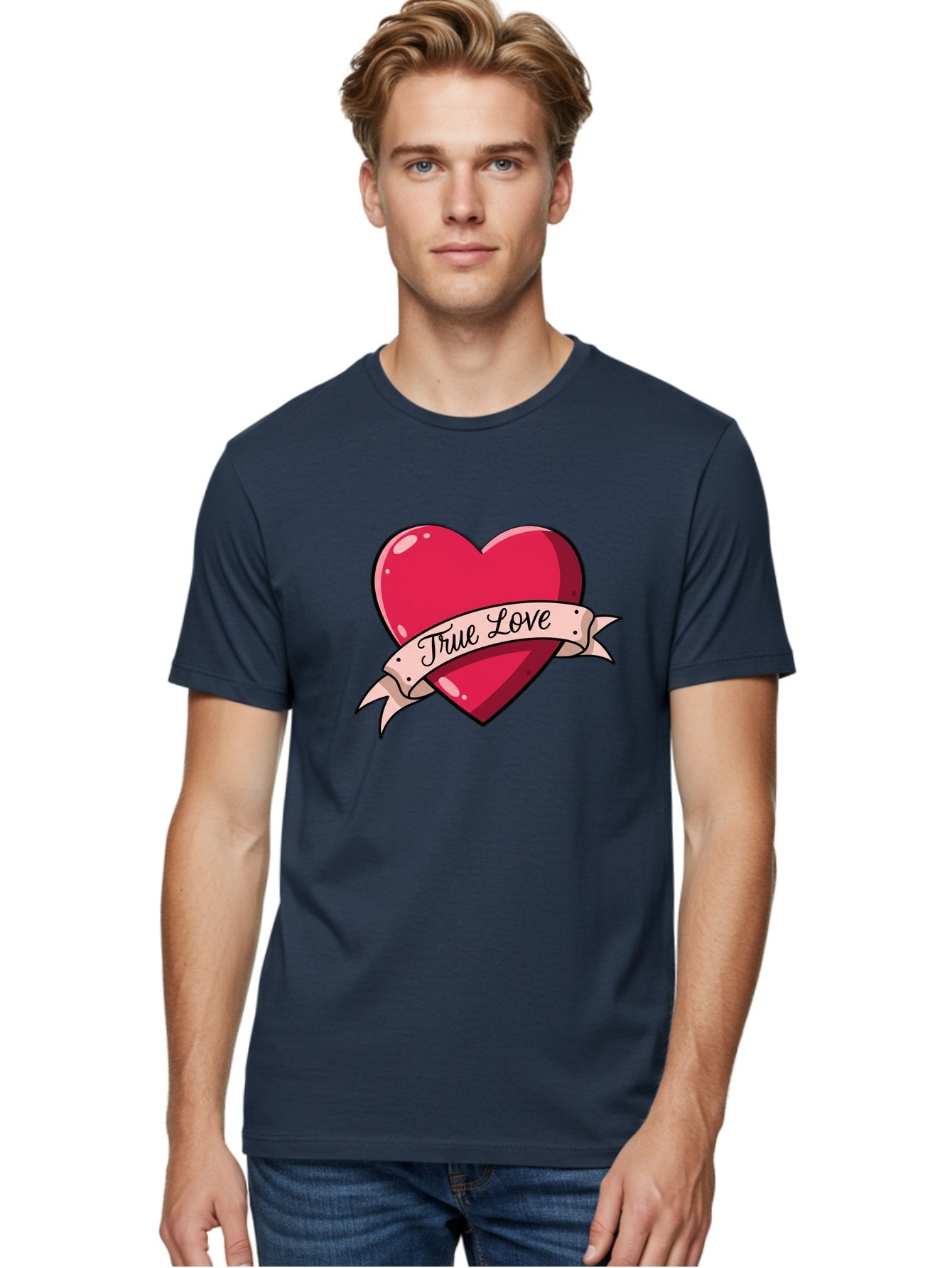 True-Love-2 Men'S Graphic Tee, 100% Cotton, Comfortable Casual Summer Wear, Machine Washable, Sweetheart Tattoo Design, Heart With Ribbon, True Love Phrase, Tattoo Art, Valentine Symbol, Love Heart Bae311 17