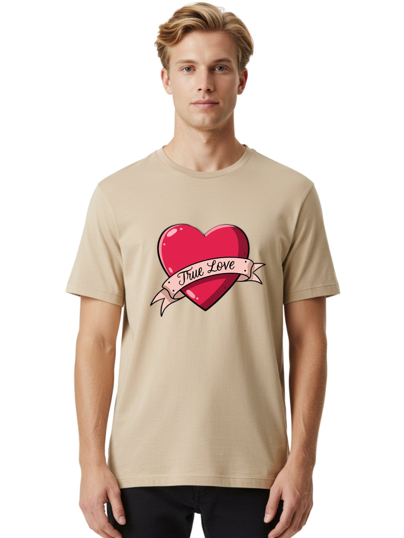 True-Love-2 Men'S Graphic Tee, 100% Cotton, Comfortable Casual Summer Wear, Machine Washable, Sweetheart Tattoo Design, Heart With Ribbon, True Love Phrase, Tattoo Art, Valentine Symbol, Love Heart Bae311 30
