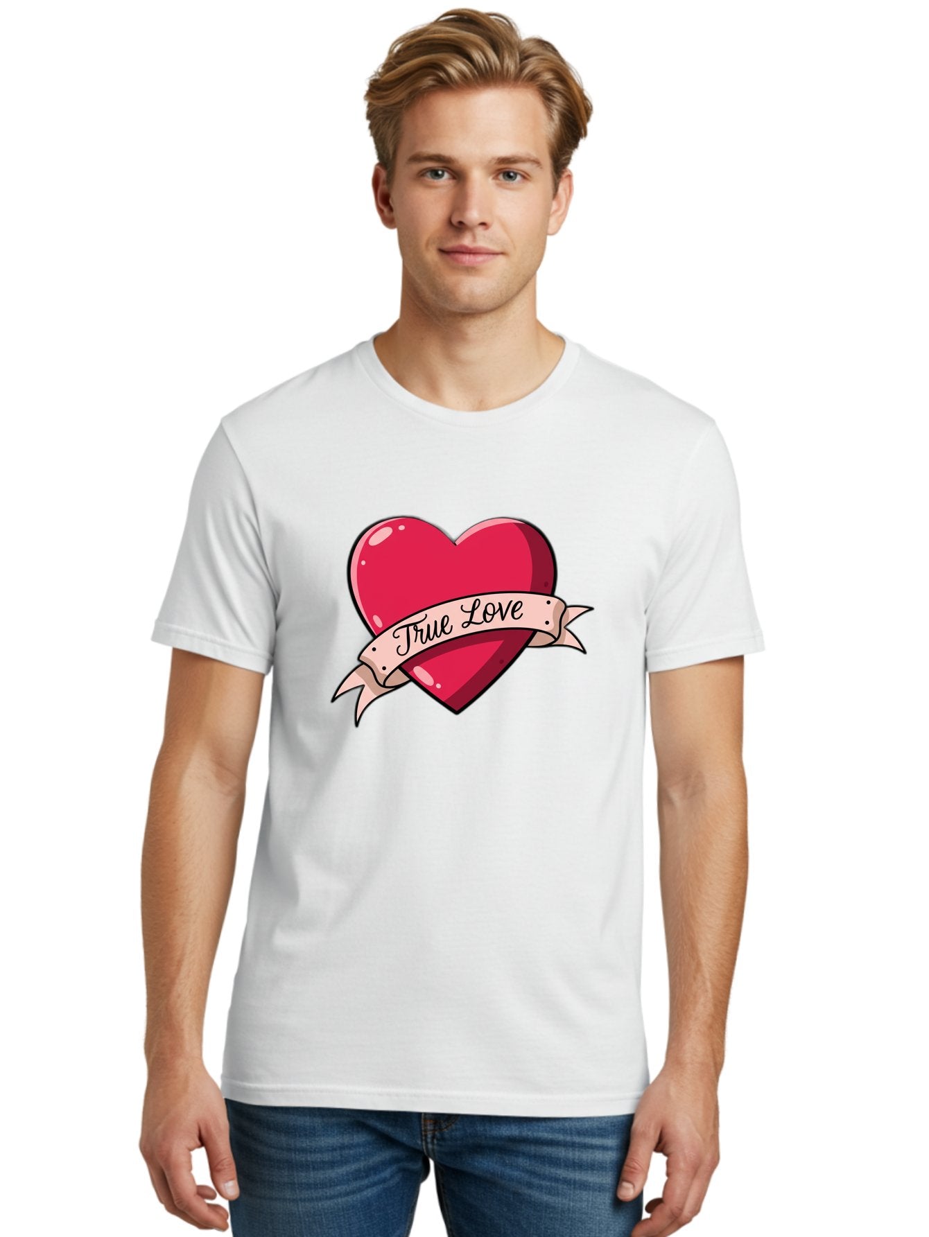 True-Love-2 Men'S Graphic Tee, 100% Cotton, Comfortable Casual Summer Wear, Machine Washable, Sweetheart Tattoo Design, Heart With Ribbon, True Love Phrase, Tattoo Art, Valentine Symbol, Love Heart Bae311 16