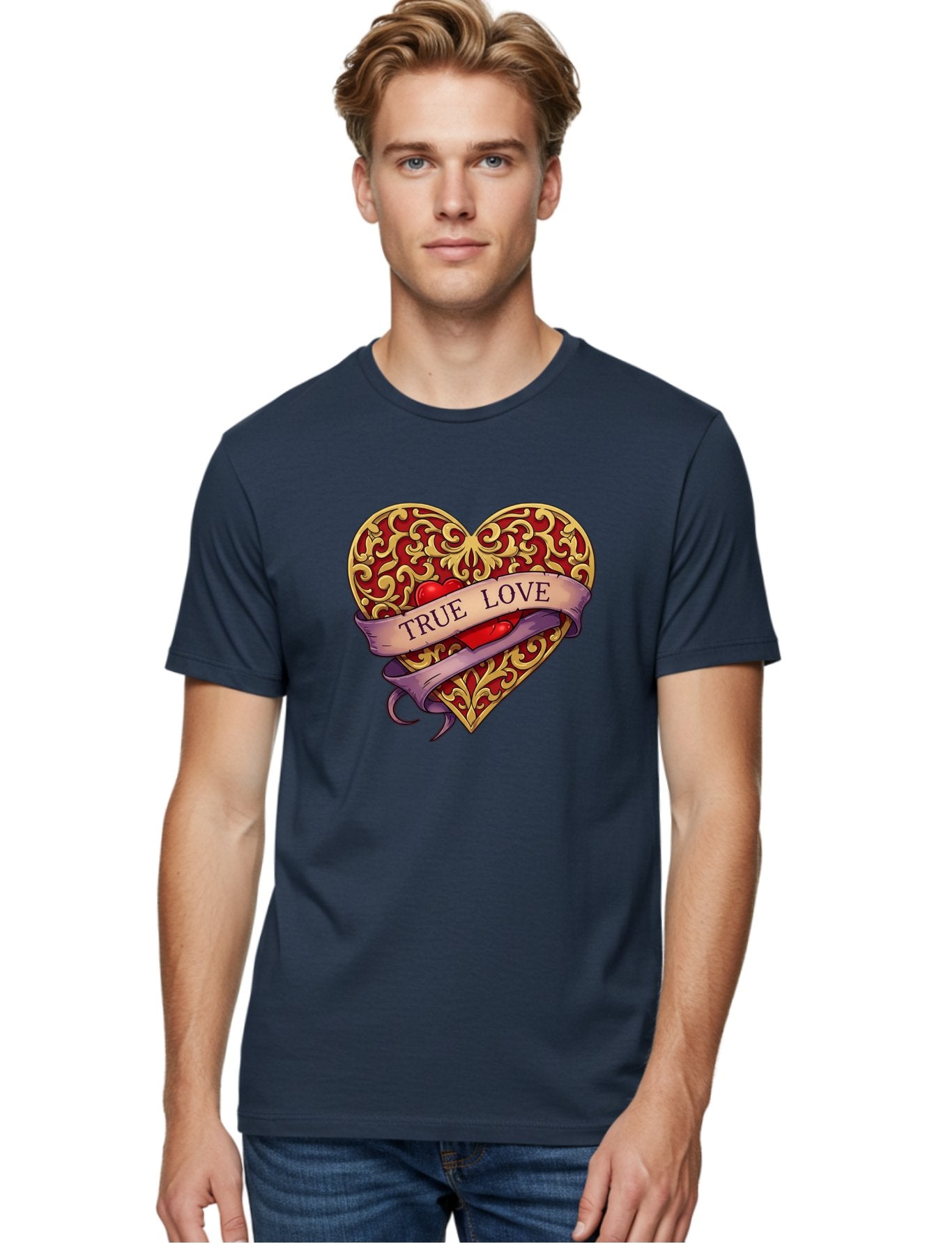 True-Love-3 Men'S Graphic Tee, 100% Cotton, Comfortable Casual Summer Wear, Machine Washable, Tattoo Style Heart, Ornate Gold Design, Red Heart Center, True Love Banner, Vintage Love Symbol, Classic Tattoo Art, Heart With Ribbon, Bae312 20