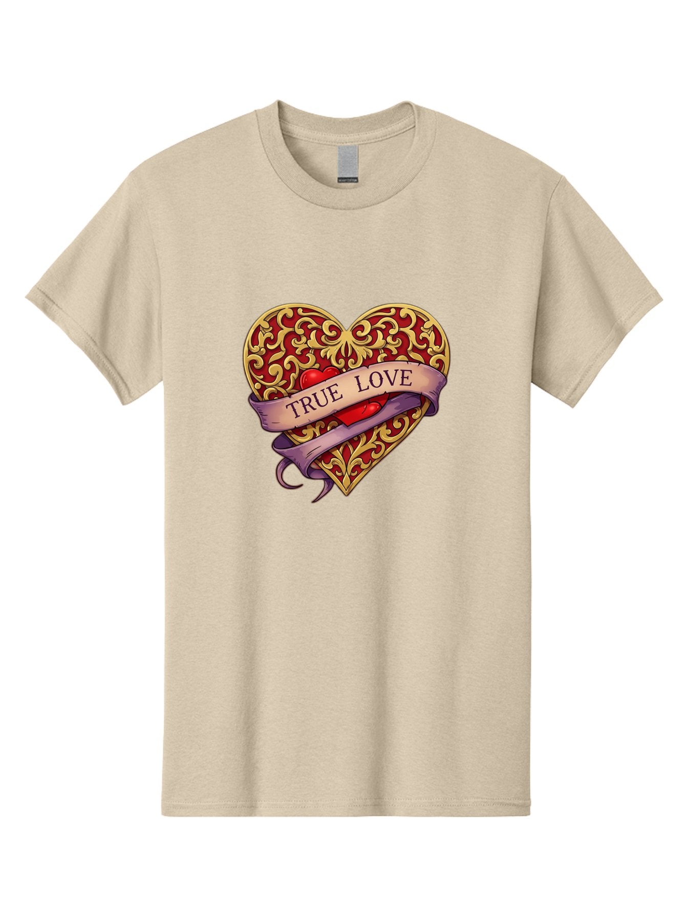 True-Love-3 Men'S Graphic Tee, 100% Cotton, Comfortable Casual Summer Wear, Machine Washable, Tattoo Style Heart, Ornate Gold Design, Red Heart Center, True Love Banner, Vintage Love Symbol, Classic Tattoo Art, Heart With Ribbon, Bae312 5