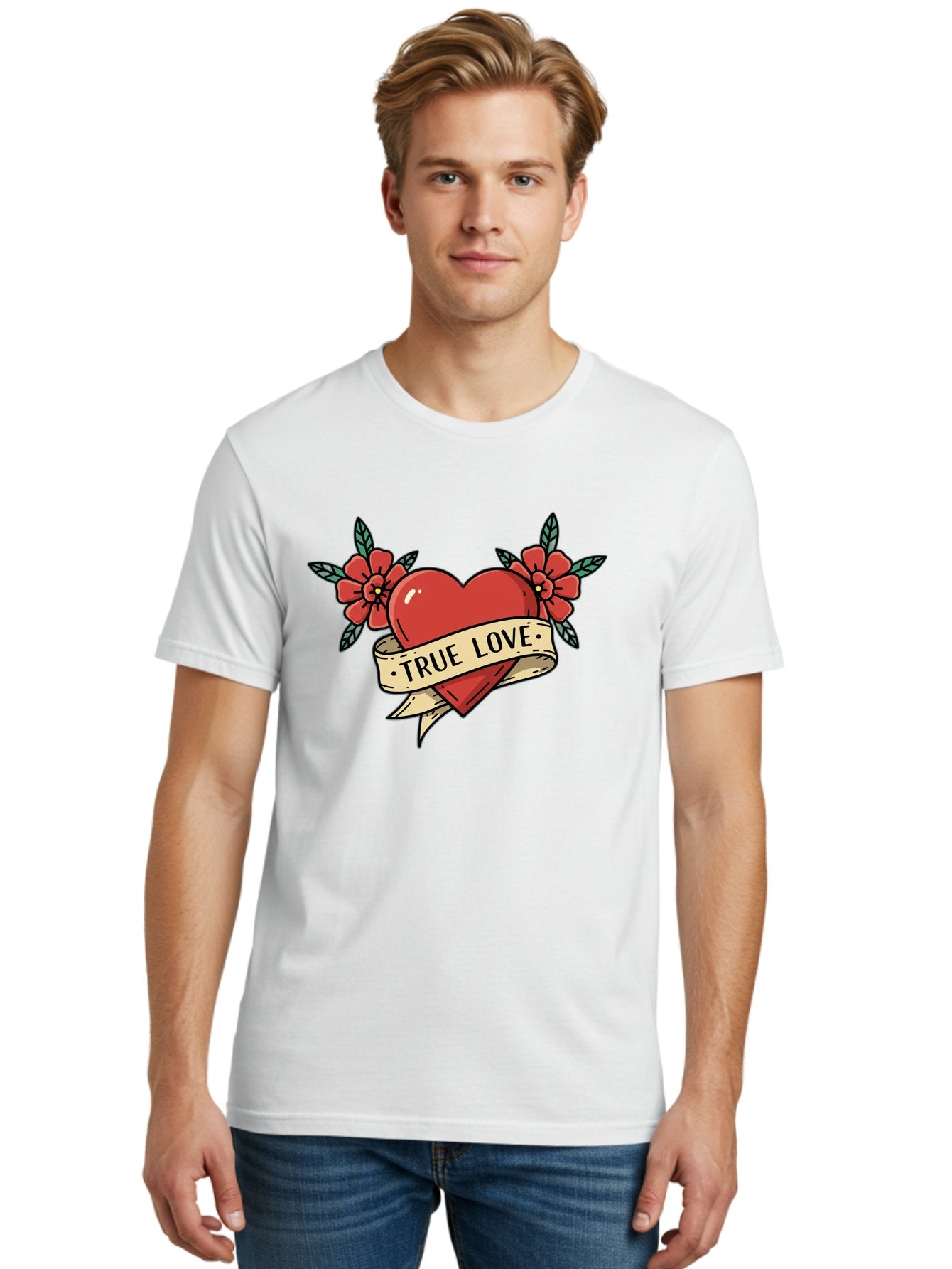 True-Love-4 Men'S Graphic Tee, 100% Cotton, Comfortable Casual Summer Wear, Machine Washable, Red Heart, True Love, Vintage Tattoo, Floral Design, Red Flowers, Love Symbol, Classic Tattoo Art, Heart With Ribbon, Retro Style Bae313 20