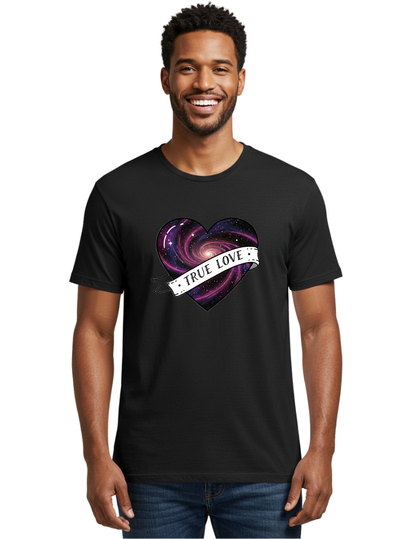 True-Love-7 Men'S Graphic Tee, 100% Cotton, Comfortable Casual Summer Wear, Machine Washable, Galaxy Heart, Cosmic Love, Purple Galaxy, Heart Shape, Stars And Planets, Romantic Symbol, True Love, Space-Inspired Art, Celestial Design, Bae316 24