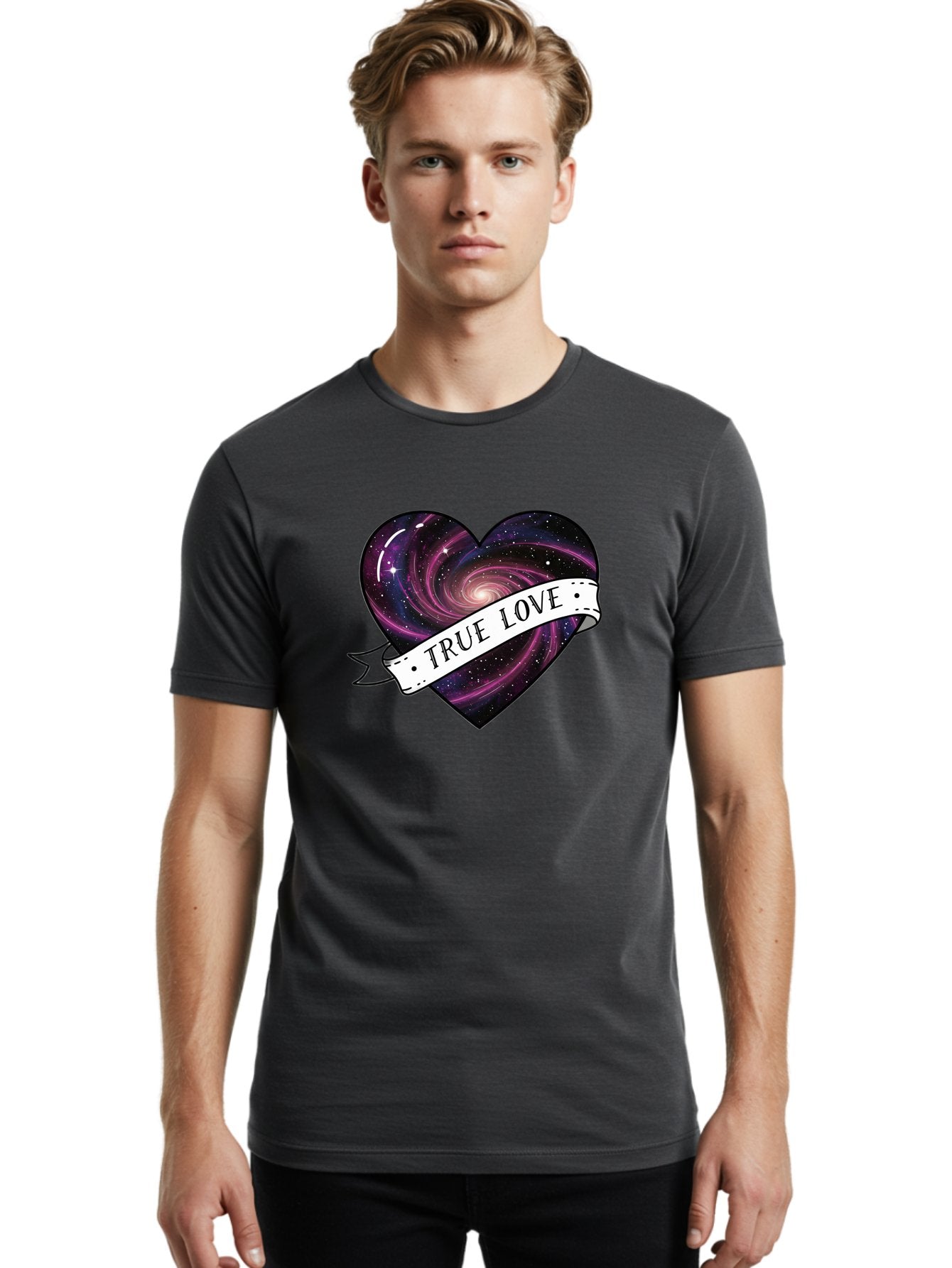 True-Love-7 Men'S Graphic Tee, 100% Cotton, Comfortable Casual Summer Wear, Machine Washable, Galaxy Heart, Cosmic Love, Purple Galaxy, Heart Shape, Stars And Planets, Romantic Symbol, True Love, Space-Inspired Art, Celestial Design, Bae316 28