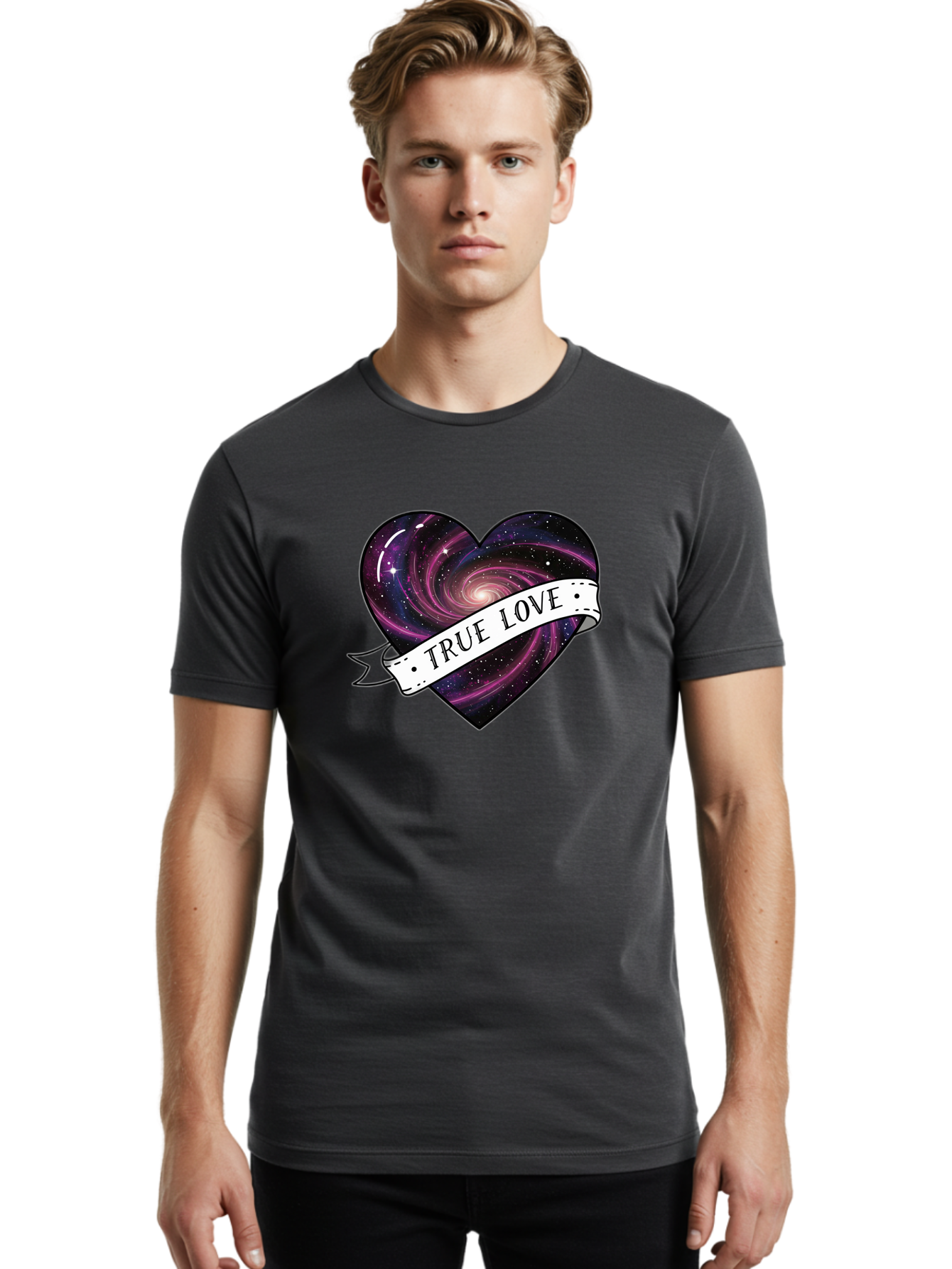 True-Love-7 Men'S Graphic Tee, 100% Cotton, Comfortable Casual Summer Wear, Machine Washable, Galaxy Heart, Cosmic Love, Purple Galaxy, Heart Shape, Stars And Planets, Romantic Symbol, True Love, Space-Inspired Art, Celestial Design, Bae316 18