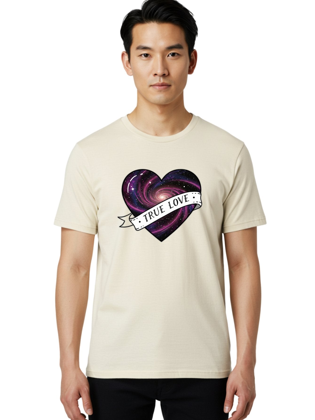 True-Love-7 Men'S Graphic Tee, 100% Cotton, Comfortable Casual Summer Wear, Machine Washable, Galaxy Heart, Cosmic Love, Purple Galaxy, Heart Shape, Stars And Planets, Romantic Symbol, True Love, Space-Inspired Art, Celestial Design, Bae316 16