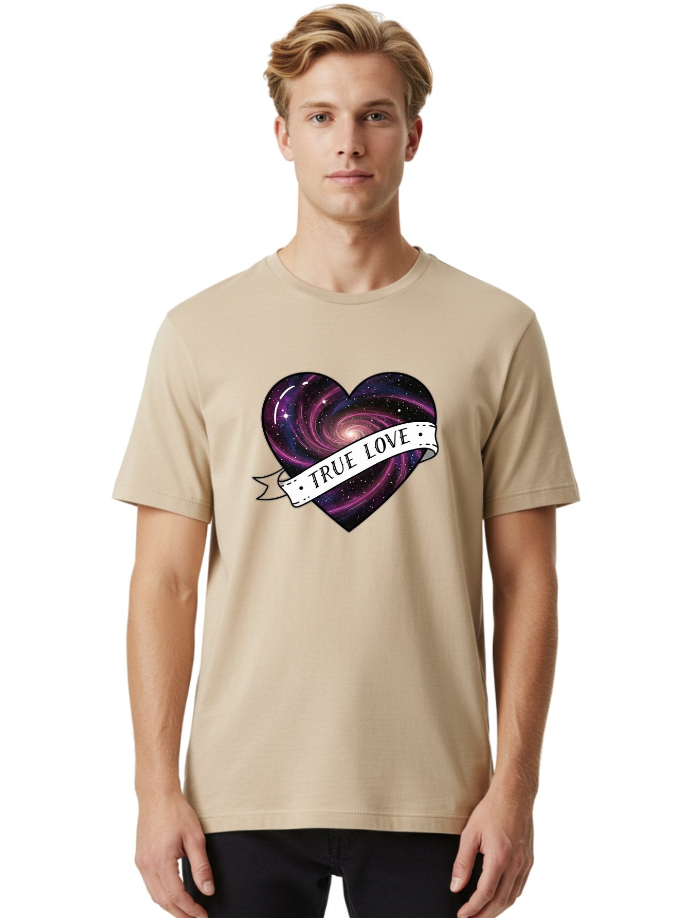 True-Love-7 Men'S Graphic Tee, 100% Cotton, Comfortable Casual Summer Wear, Machine Washable, Galaxy Heart, Cosmic Love, Purple Galaxy, Heart Shape, Stars And Planets, Romantic Symbol, True Love, Space-Inspired Art, Celestial Design, Bae316 30