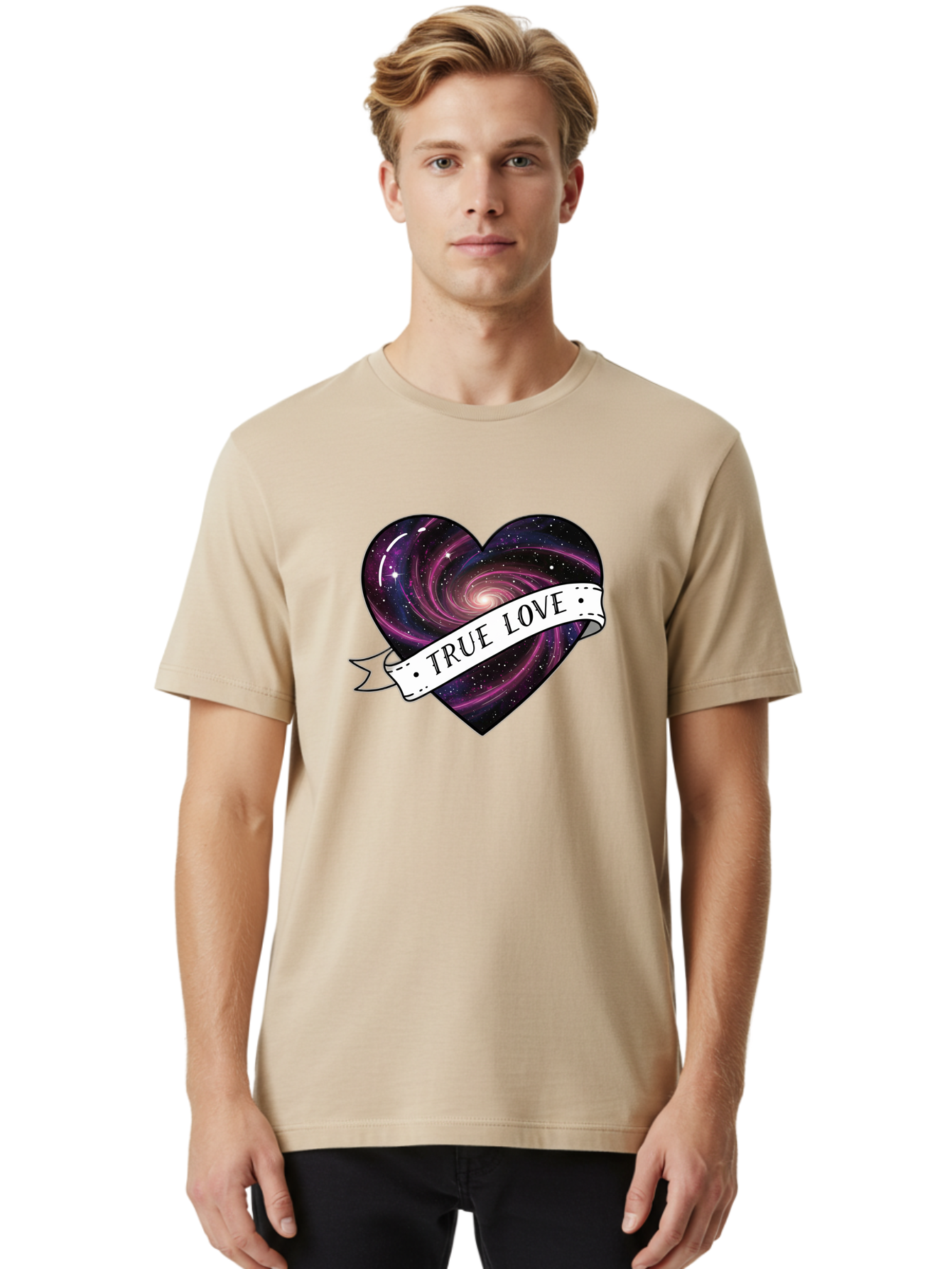 True-Love-7 Men'S Graphic Tee, 100% Cotton, Comfortable Casual Summer Wear, Machine Washable, Galaxy Heart, Cosmic Love, Purple Galaxy, Heart Shape, Stars And Planets, Romantic Symbol, True Love, Space-Inspired Art, Celestial Design, Bae316 16