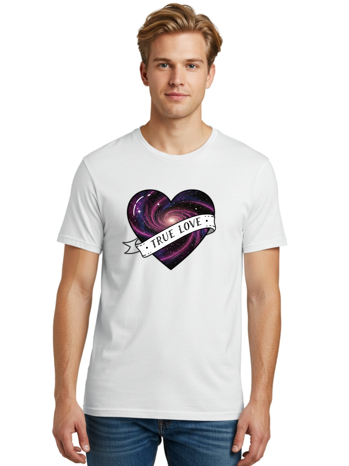 True-Love-7 Men'S Graphic Tee, 100% Cotton, Comfortable Casual Summer Wear, Machine Washable, Galaxy Heart, Cosmic Love, Purple Galaxy, Heart Shape, Stars And Planets, Romantic Symbol, True Love, Space-Inspired Art, Celestial Design, Bae316 23
