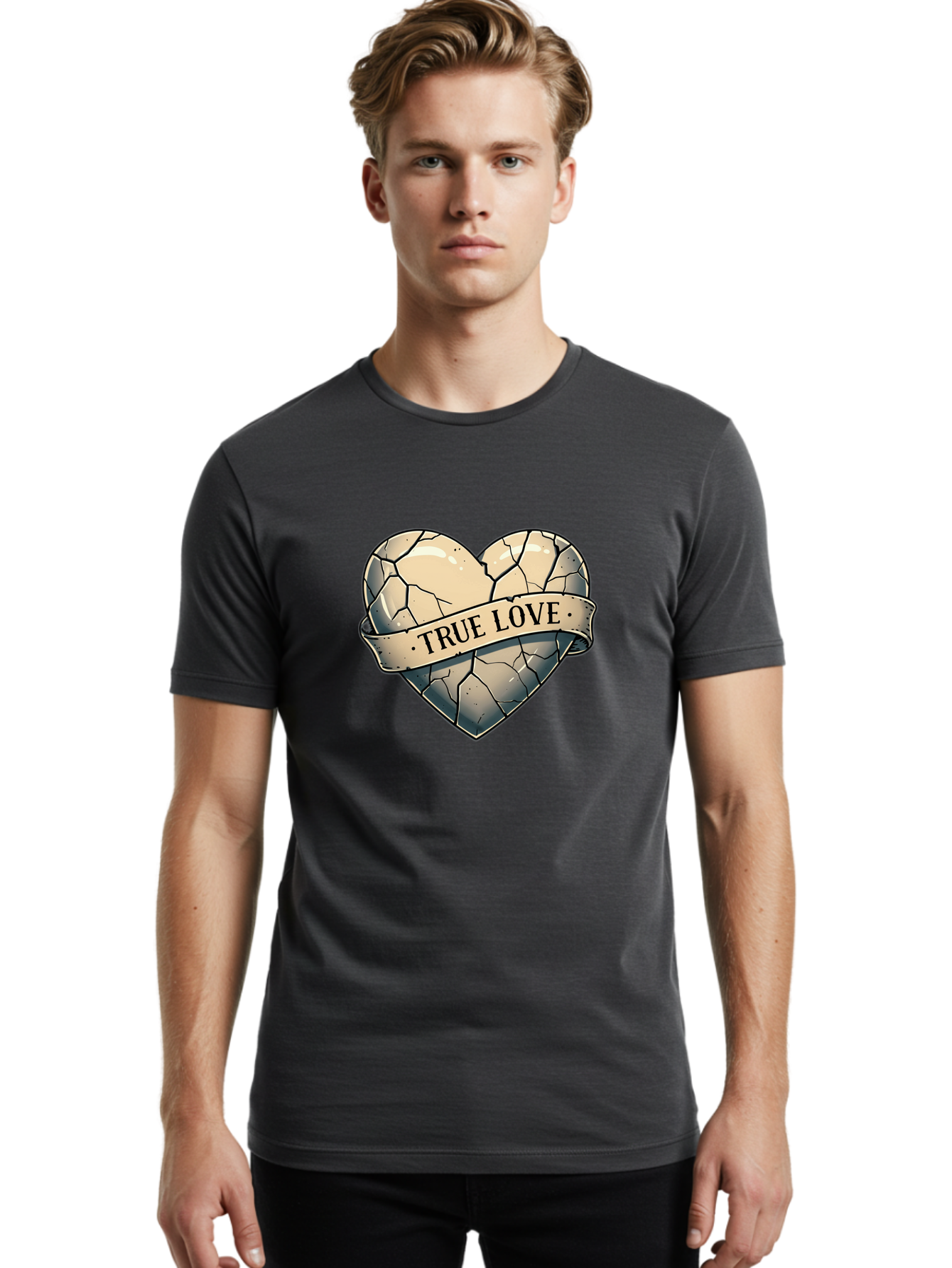 True-Love-8 Men'S Graphic Tee, 100% Cotton, Comfortable Casual Summer Wear, Machine Washable, Cracked Heart, True Love Banner, Vintage Design, Distressed Texture, Heart Symbol, Love Theme, Tattoo Style, Black And White Illustration Bae317 19