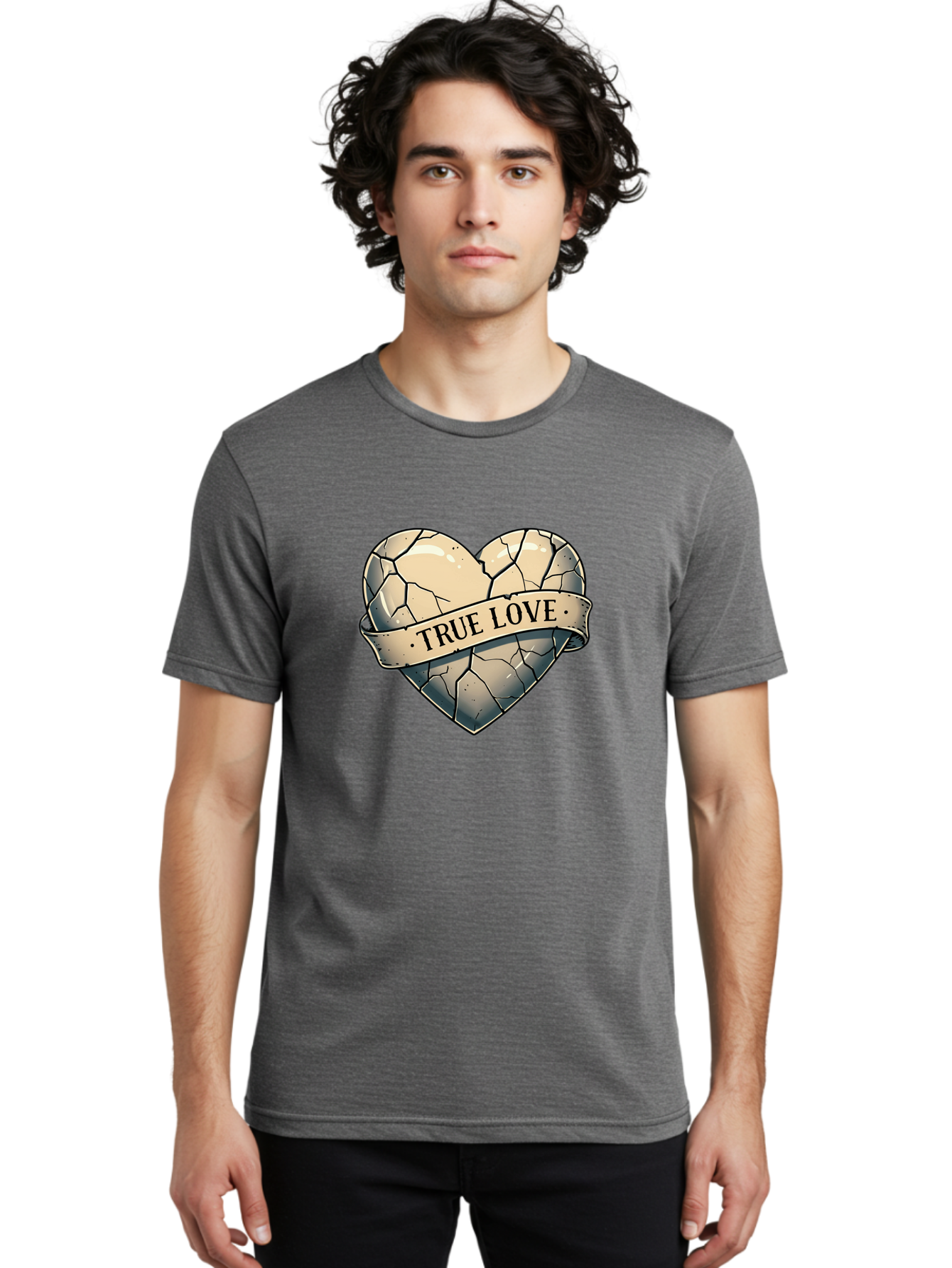 True-Love-8 Men'S Graphic Tee, 100% Cotton, Comfortable Casual Summer Wear, Machine Washable, Cracked Heart, True Love Banner, Vintage Design, Distressed Texture, Heart Symbol, Love Theme, Tattoo Style, Black And White Illustration Bae317 21