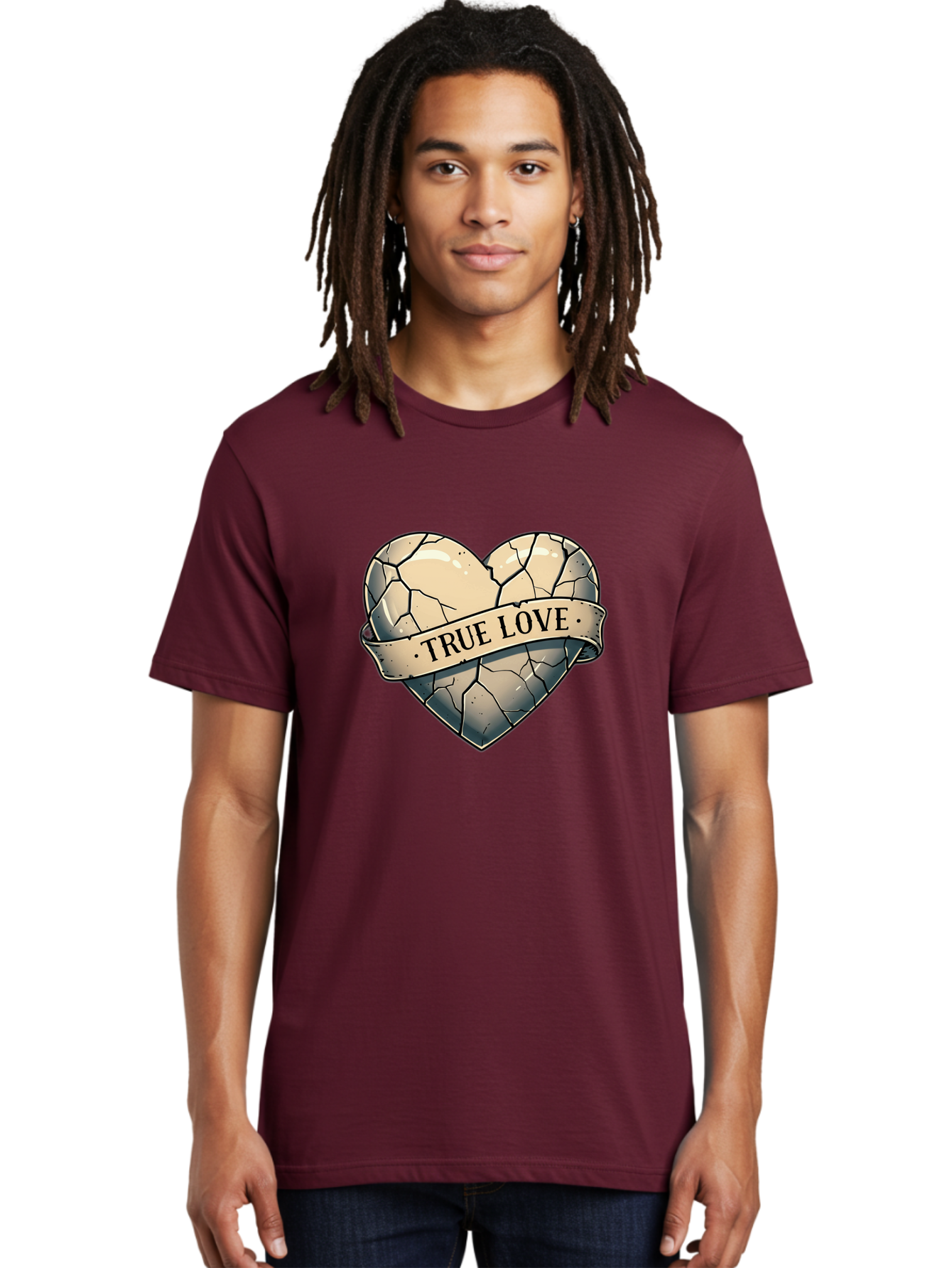 True-Love-8 Men'S Graphic Tee, 100% Cotton, Comfortable Casual Summer Wear, Machine Washable, Cracked Heart, True Love Banner, Vintage Design, Distressed Texture, Heart Symbol, Love Theme, Tattoo Style, Black And White Illustration Bae317 16