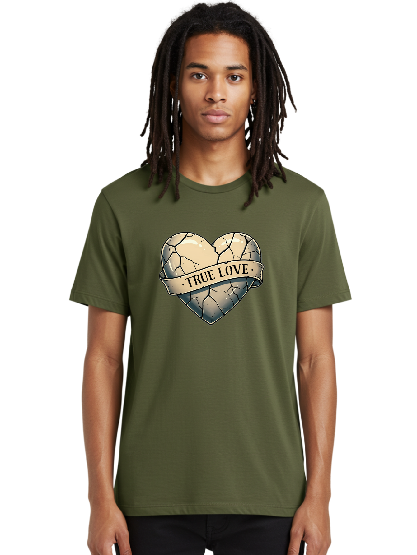 True-Love-8 Men'S Graphic Tee, 100% Cotton, Comfortable Casual Summer Wear, Machine Washable, Cracked Heart, True Love Banner, Vintage Design, Distressed Texture, Heart Symbol, Love Theme, Tattoo Style, Black And White Illustration Bae317 17