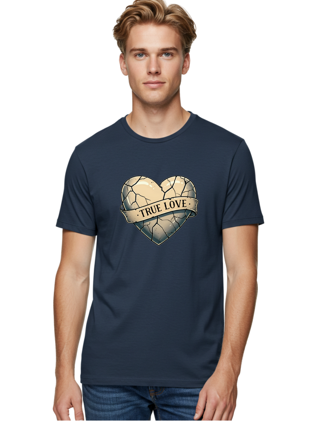 True-Love-8 Men'S Graphic Tee, 100% Cotton, Comfortable Casual Summer Wear, Machine Washable, Cracked Heart, True Love Banner, Vintage Design, Distressed Texture, Heart Symbol, Love Theme, Tattoo Style, Black And White Illustration Bae317 20