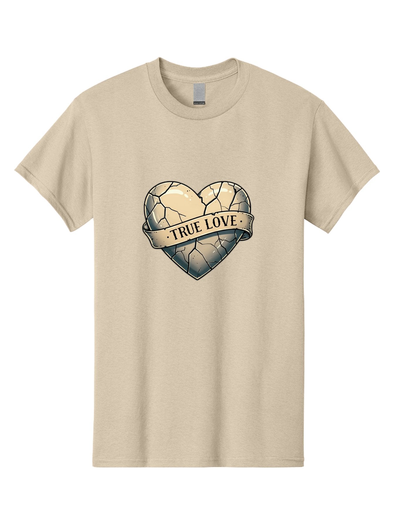 True-Love-8 Men'S Graphic Tee, 100% Cotton, Comfortable Casual Summer Wear, Machine Washable, Cracked Heart, True Love Banner, Vintage Design, Distressed Texture, Heart Symbol, Love Theme, Tattoo Style, Black And White Illustration Bae317 3