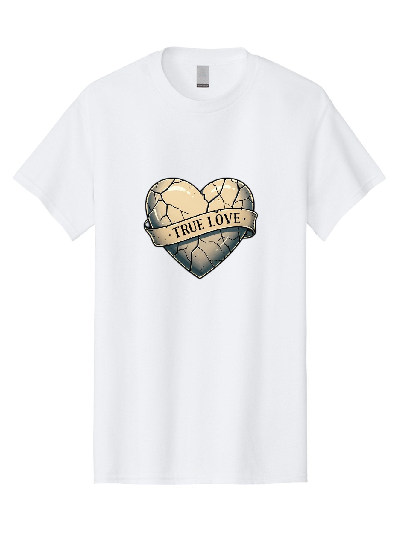 True-Love-8 Men'S Graphic Tee, 100% Cotton, Comfortable Casual Summer Wear, Machine Washable, Cracked Heart, True Love Banner, Vintage Design, Distressed Texture, Heart Symbol, Love Theme, Tattoo Style, Black And White Illustration Bae317 13