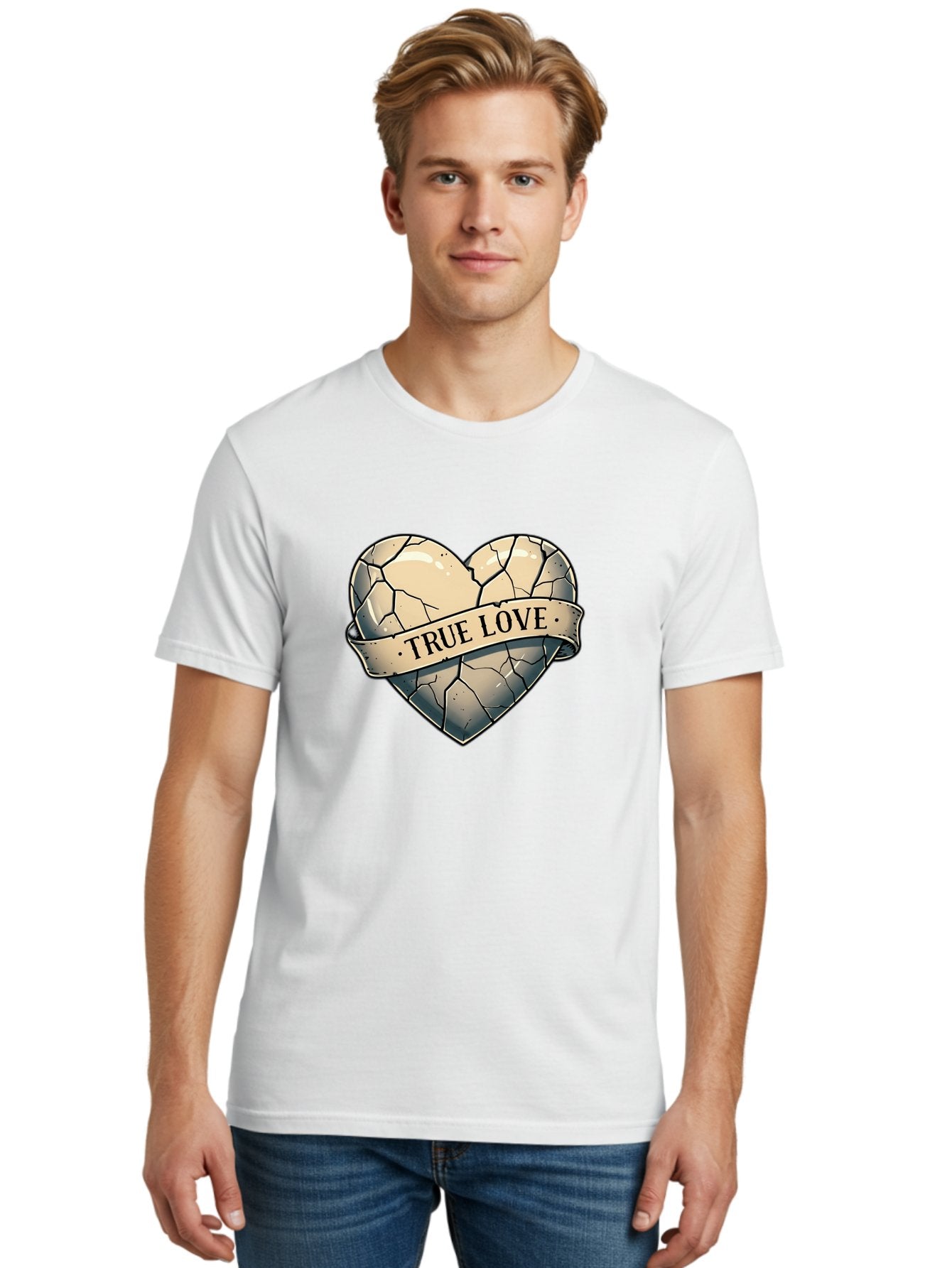 True-Love-8 Men'S Graphic Tee, 100% Cotton, Comfortable Casual Summer Wear, Machine Washable, Cracked Heart, True Love Banner, Vintage Design, Distressed Texture, Heart Symbol, Love Theme, Tattoo Style, Black And White Illustration Bae317 20