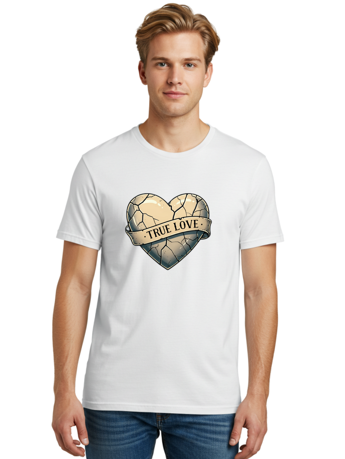 True-Love-8 Men'S Graphic Tee, 100% Cotton, Comfortable Casual Summer Wear, Machine Washable, Cracked Heart, True Love Banner, Vintage Design, Distressed Texture, Heart Symbol, Love Theme, Tattoo Style, Black And White Illustration Bae317 30