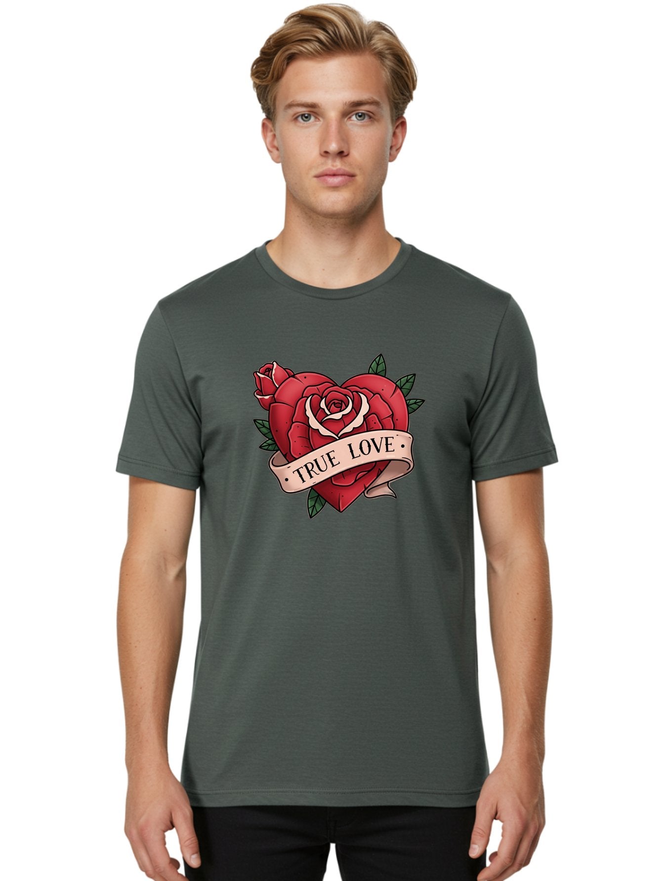 True-Love-9 Men'S Graphic Tee, 100% Cotton, Comfortable Casual Summer Wear, Machine Washable, Red Roses, True Love Banner, Vintage Tattoo Style, Symbolic Love, Classic Romance, Elegant Design, Beautiful Flowers, Floral Art Bae318 17