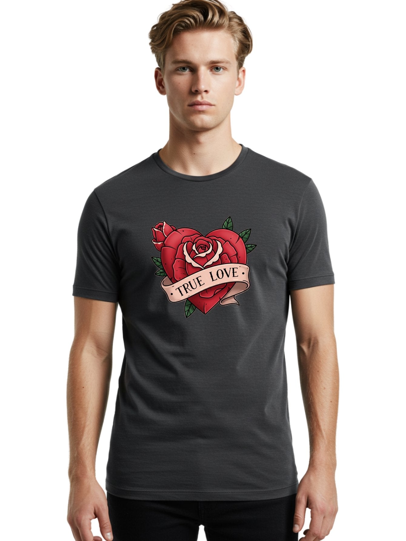 True-Love-9 Men'S Graphic Tee, 100% Cotton, Comfortable Casual Summer Wear, Machine Washable, Red Roses, True Love Banner, Vintage Tattoo Style, Symbolic Love, Classic Romance, Elegant Design, Beautiful Flowers, Floral Art Bae318 20