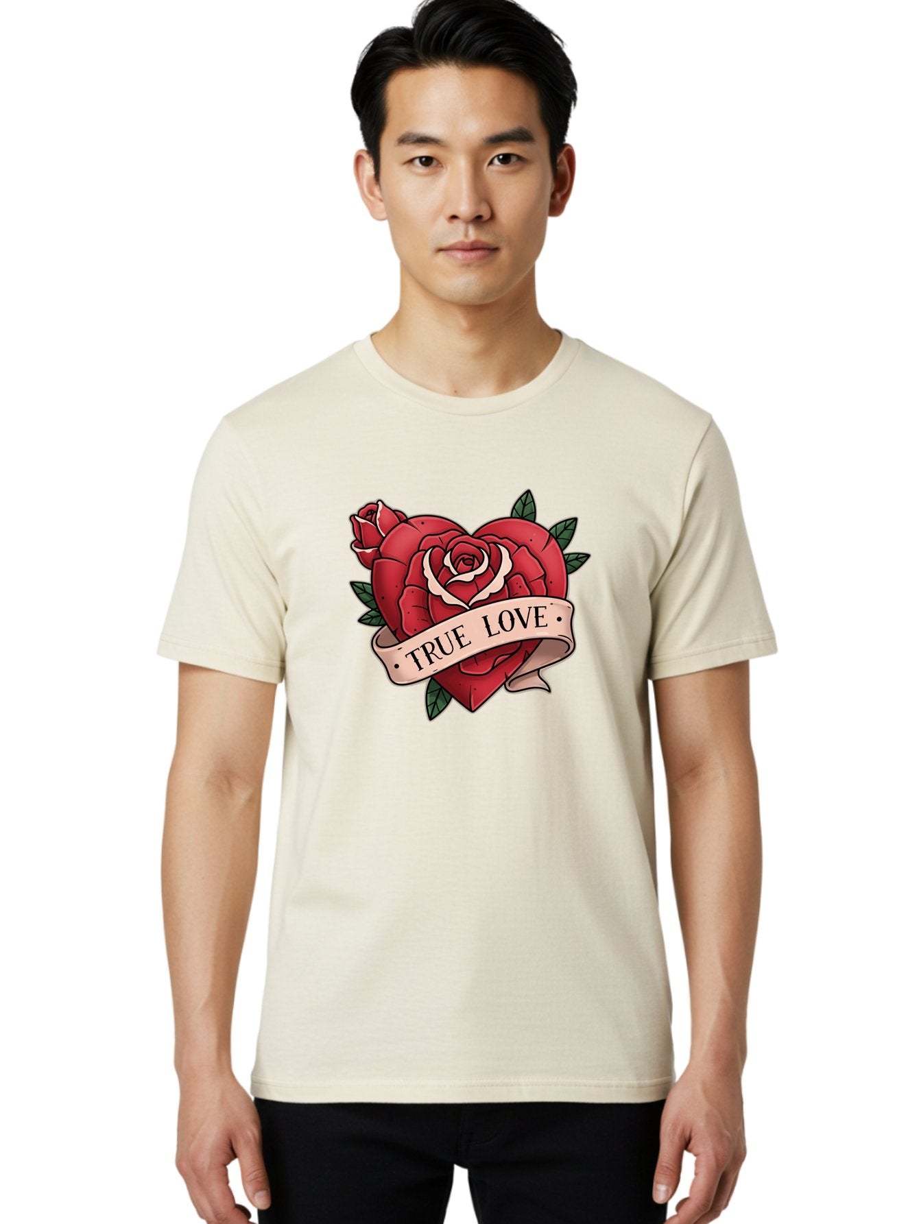 True-Love-9 Men'S Graphic Tee, 100% Cotton, Comfortable Casual Summer Wear, Machine Washable, Red Roses, True Love Banner, Vintage Tattoo Style, Symbolic Love, Classic Romance, Elegant Design, Beautiful Flowers, Floral Art Bae318 27