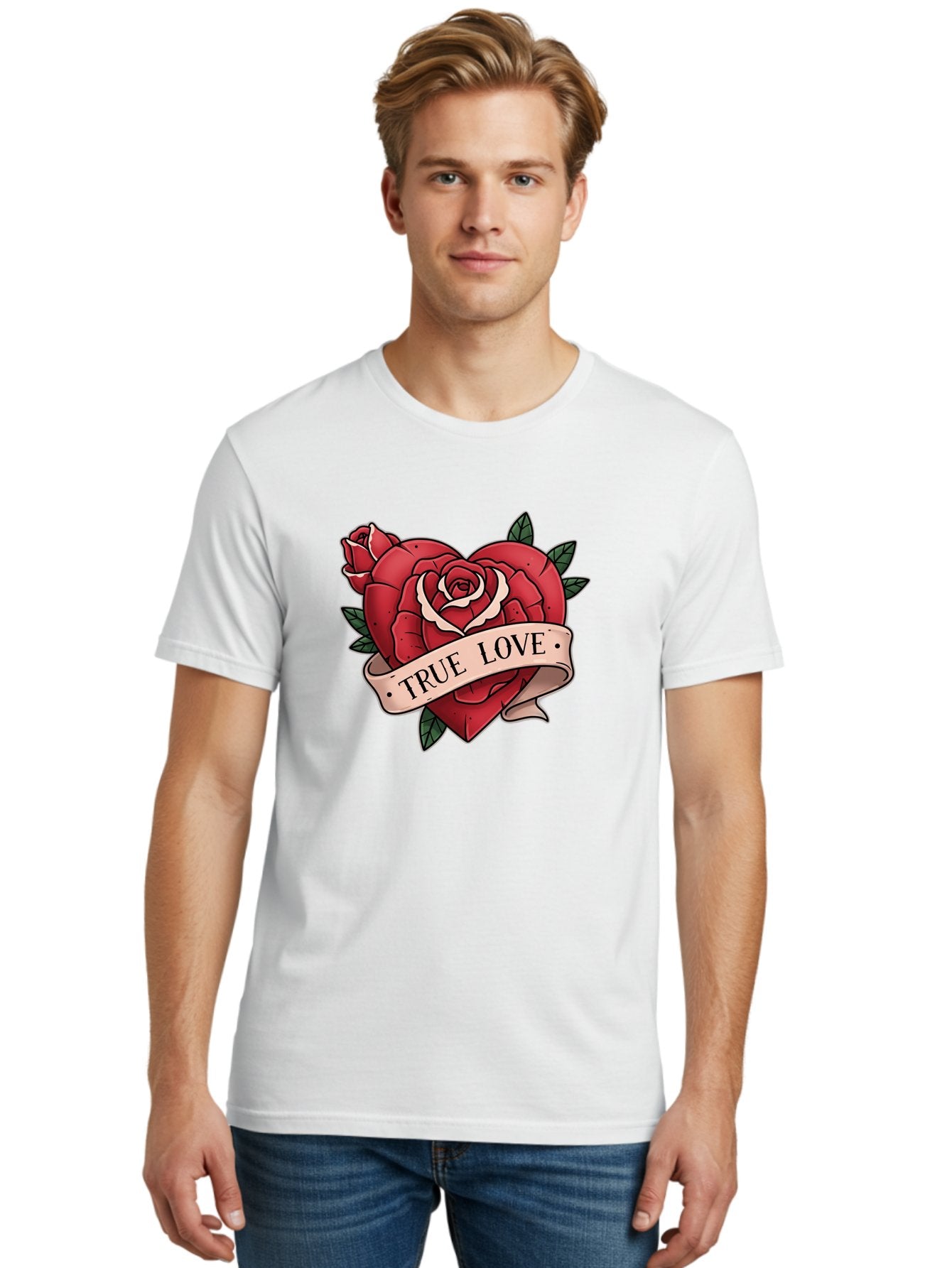 True-Love-9 Men'S Graphic Tee, 100% Cotton, Comfortable Casual Summer Wear, Machine Washable, Red Roses, True Love Banner, Vintage Tattoo Style, Symbolic Love, Classic Romance, Elegant Design, Beautiful Flowers, Floral Art Bae318 25