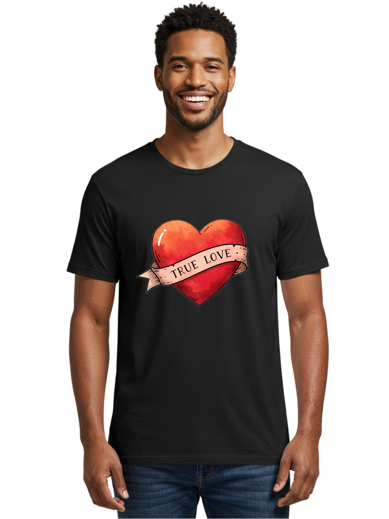 True-Love-Heart Men'S Graphic Tee, 100% Cotton, Comfortable Casual Summer Wear, Machine Washable, Red Heart, True Love, Tattoo Style, Ribbon Banner, Valentines Day Symbol, Love Heart, Classic Tattoo Design, Symbolic Heart Bae320 25