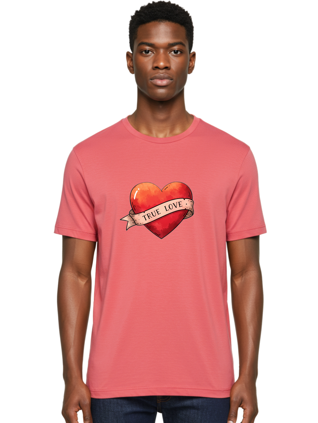 True-Love-Heart Men'S Graphic Tee, 100% Cotton, Comfortable Casual Summer Wear, Machine Washable, Red Heart, True Love, Tattoo Style, Ribbon Banner, Valentines Day Symbol, Love Heart, Classic Tattoo Design, Symbolic Heart Bae320 17