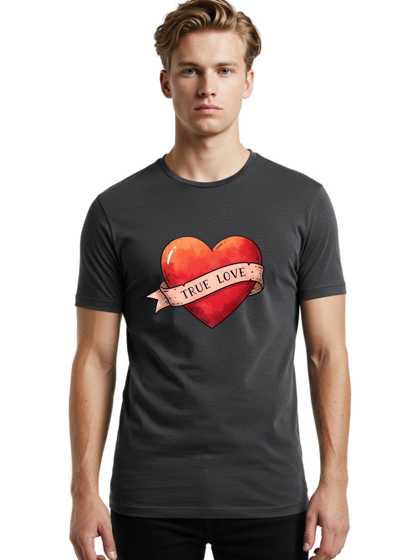 True-Love-Heart Men'S Graphic Tee, 100% Cotton, Comfortable Casual Summer Wear, Machine Washable, Red Heart, True Love, Tattoo Style, Ribbon Banner, Valentines Day Symbol, Love Heart, Classic Tattoo Design, Symbolic Heart Bae320 26