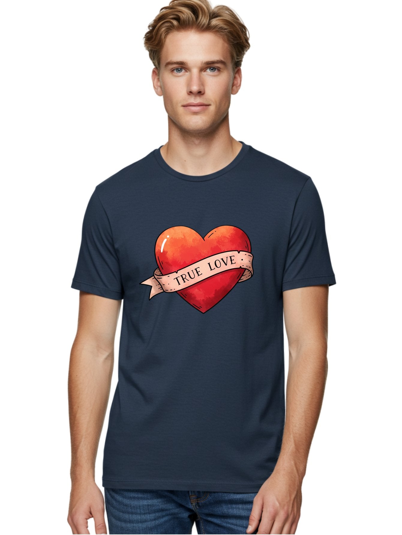 True-Love-Heart Men'S Graphic Tee, 100% Cotton, Comfortable Casual Summer Wear, Machine Washable, Red Heart, True Love, Tattoo Style, Ribbon Banner, Valentines Day Symbol, Love Heart, Classic Tattoo Design, Symbolic Heart Bae320 16