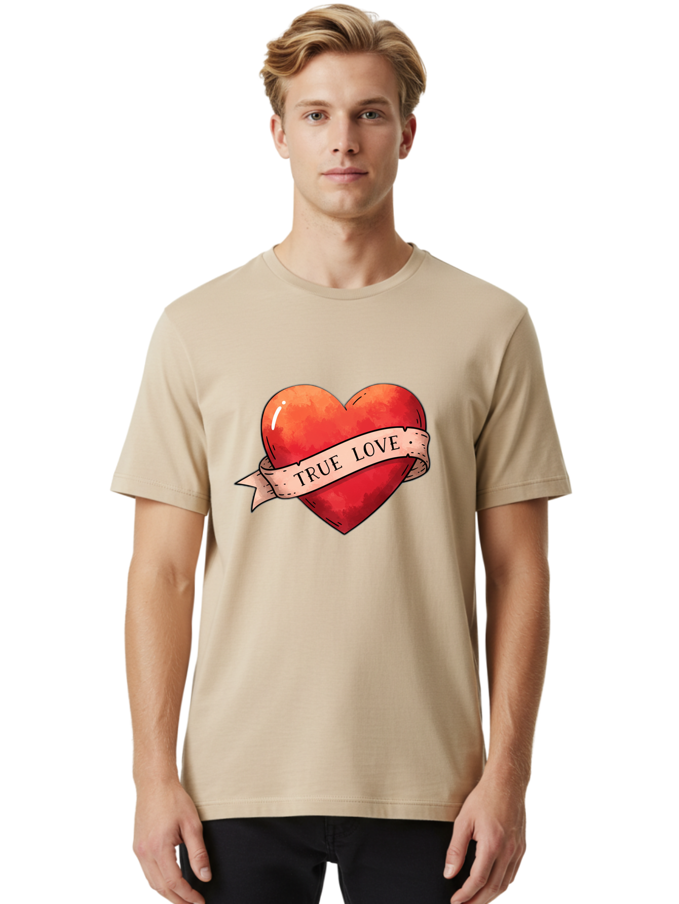 True-Love-Heart Men'S Graphic Tee, 100% Cotton, Comfortable Casual Summer Wear, Machine Washable, Red Heart, True Love, Tattoo Style, Ribbon Banner, Valentines Day Symbol, Love Heart, Classic Tattoo Design, Symbolic Heart Bae320 30