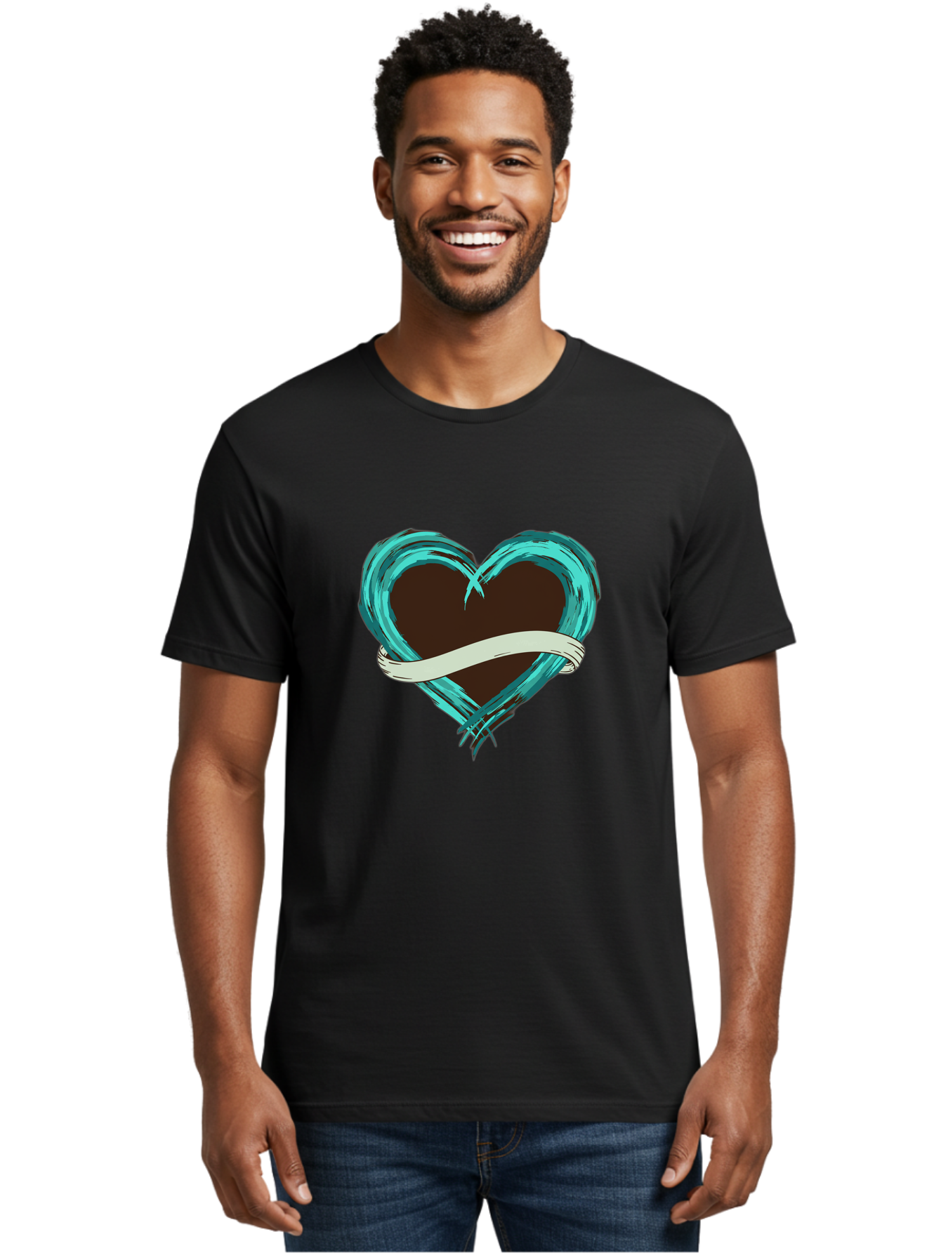 Turquoise-Heart-With-Ribbon Men'S Graphic Tee, 100% Cotton, Comfortable Casual Summer Wear, Machine Washable, Turquoise Heart, Ribbon Banner, Love Symbol, Heart Shape, Blue Heart, Artistic Design, Heart Illustration, Ribbon Wrapped Heart, Bae322 16