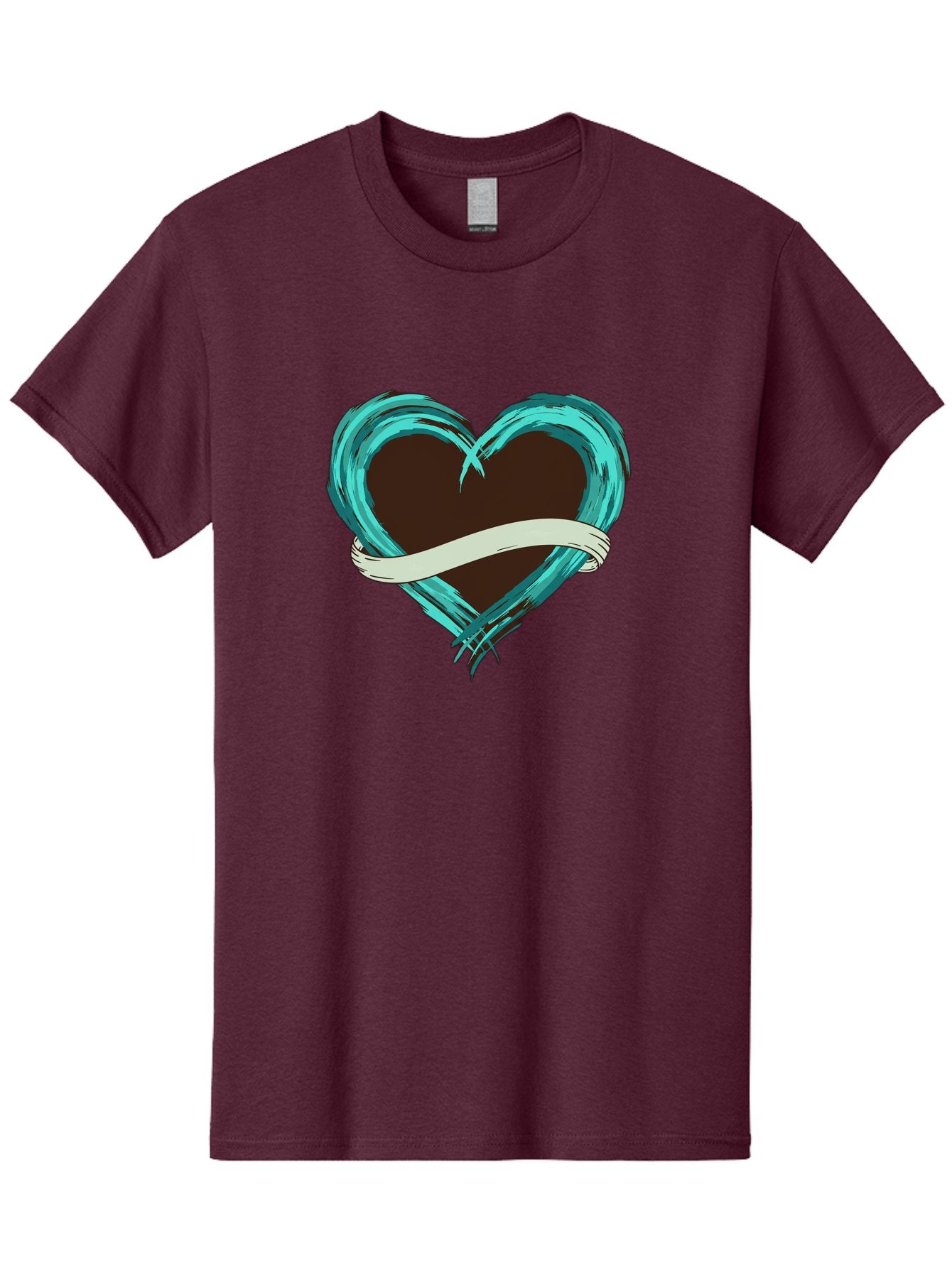 Turquoise-Heart-With-Ribbon Men'S Graphic Tee, 100% Cotton, Comfortable Casual Summer Wear, Machine Washable, Turquoise Heart, Ribbon Banner, Love Symbol, Heart Shape, Blue Heart, Artistic Design, Heart Illustration, Ribbon Wrapped Heart, Bae322 11