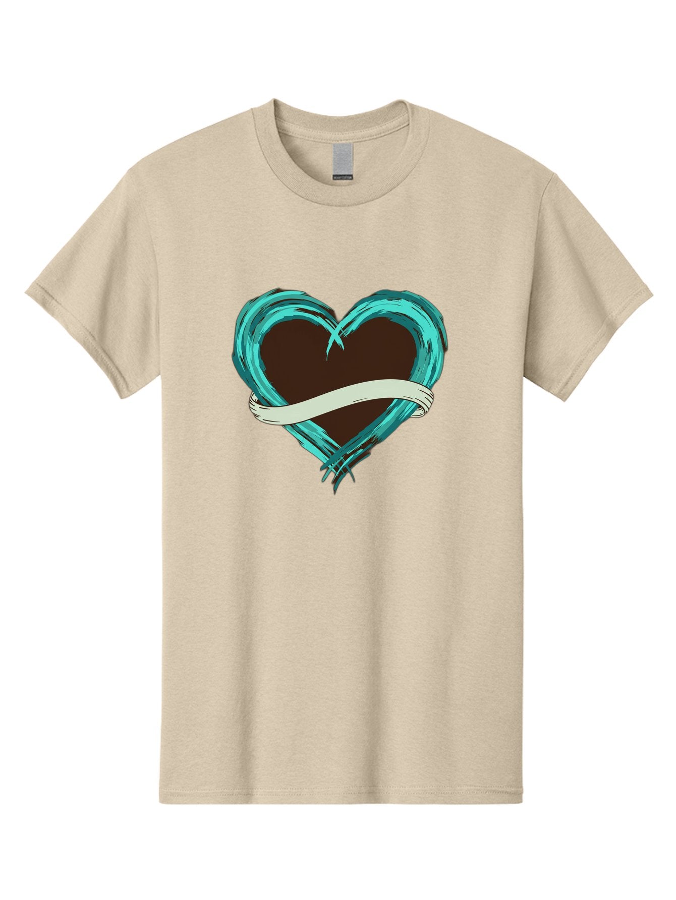 Turquoise-Heart-With-Ribbon Men'S Graphic Tee, 100% Cotton, Comfortable Casual Summer Wear, Machine Washable, Turquoise Heart, Ribbon Banner, Love Symbol, Heart Shape, Blue Heart, Artistic Design, Heart Illustration, Ribbon Wrapped Heart, Bae322