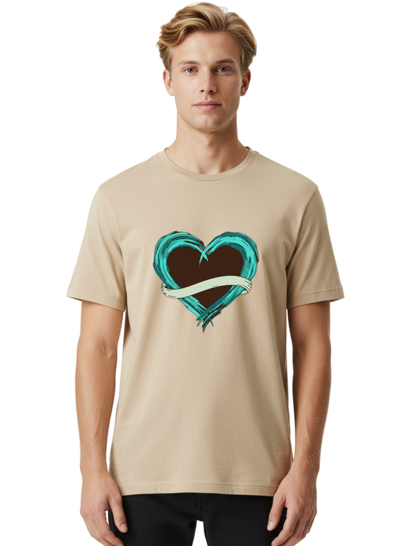 Turquoise-Heart-With-Ribbon Men'S Graphic Tee, 100% Cotton, Comfortable Casual Summer Wear, Machine Washable, Turquoise Heart, Ribbon Banner, Love Symbol, Heart Shape, Blue Heart, Artistic Design, Heart Illustration, Ribbon Wrapped Heart, Bae322 19