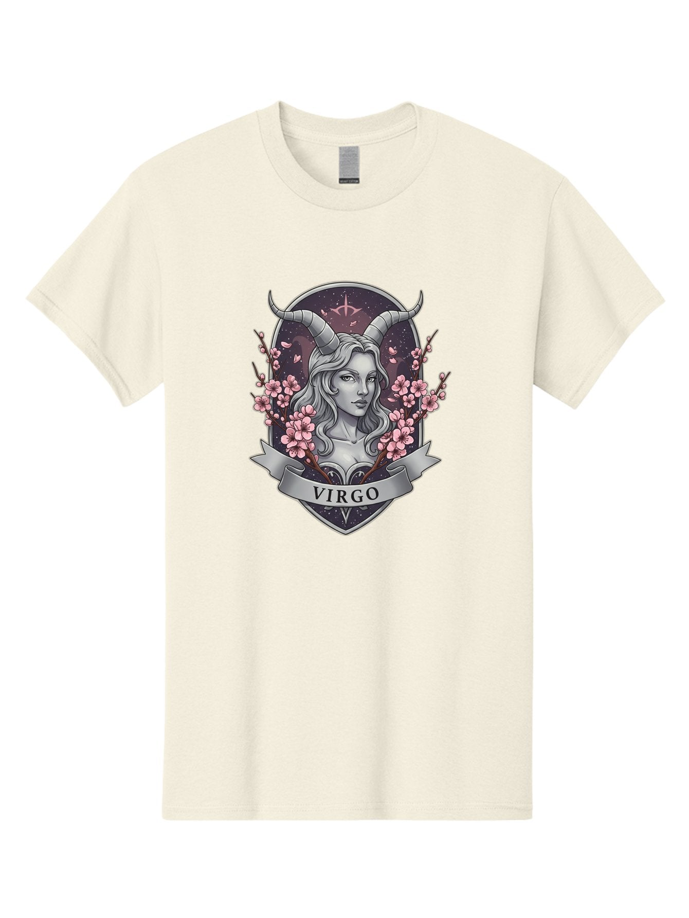 Virgo-1 Men'S Graphic Tee, 100% Cotton, Comfortable Casual Summer Wear, Machine Washable, Virgo Zodiac Sign, Woman With Horns, Cherry Blossoms, Astrology Symbol, Mystical Illustration, Mystical Art, Feminine Energy, Cosmic Design, Stars, Bae323