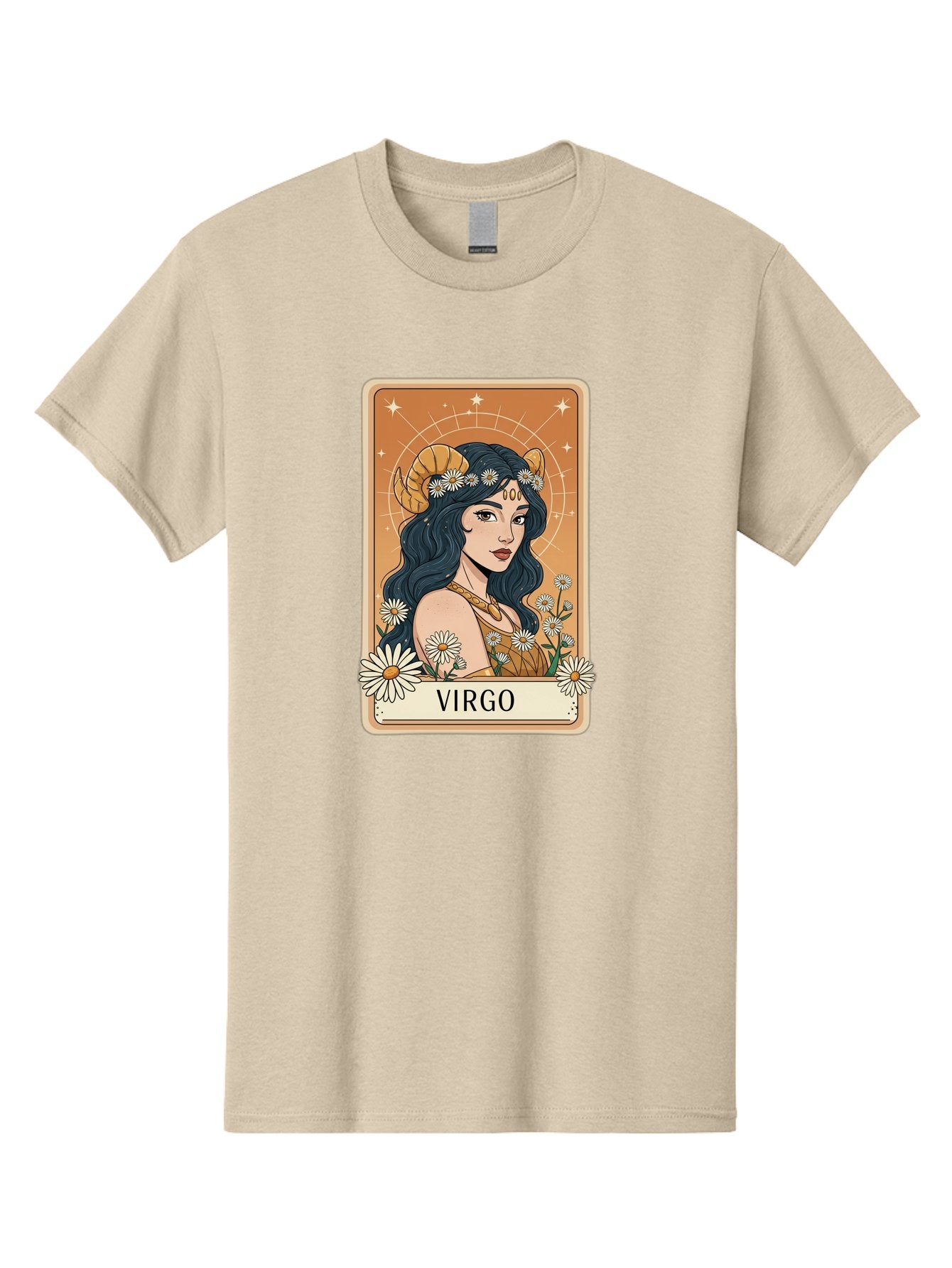 Virgo Men'S Graphic Tee, 100% Cotton, Comfortable Casual Summer Wear, Machine Washable, Virgo Zodiac Sign, Astrology Symbol, Beautiful Woman, Daisies, Celestial Theme, Mystical Aura, Gold Accents, Starry Night Sky, Feminine Mystique, Bae326 9