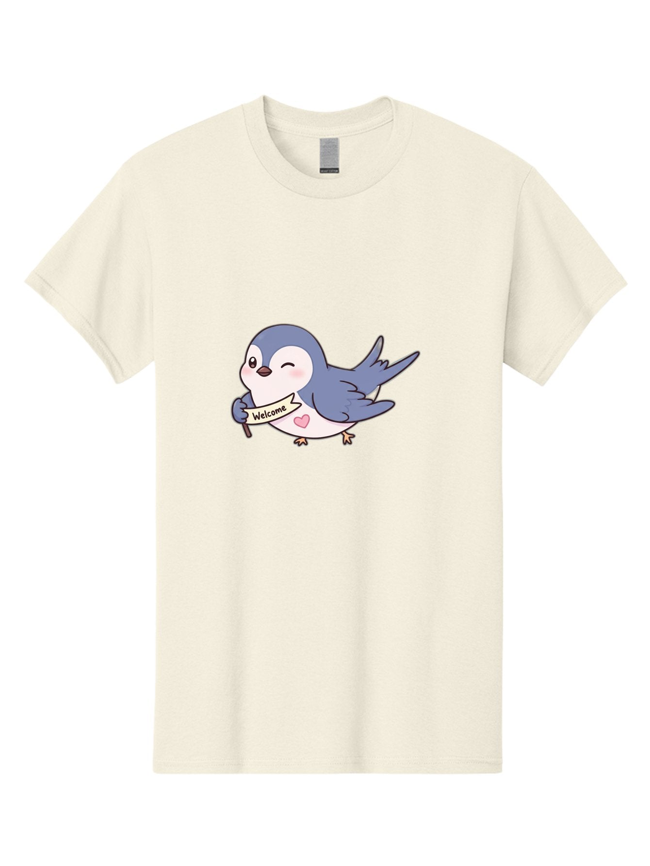 Welcome-Bird Men'S Graphic Tee, 100% Cotton, Comfortable Casual Summer Wear, Machine Washable, Bird Holding Welcome Sign, Cartoon Bird, Cute Bird, Heart On Bird, Welcome Message, Friendly Bird, Adorable Creature, Kawaii Bird Bae327 10
