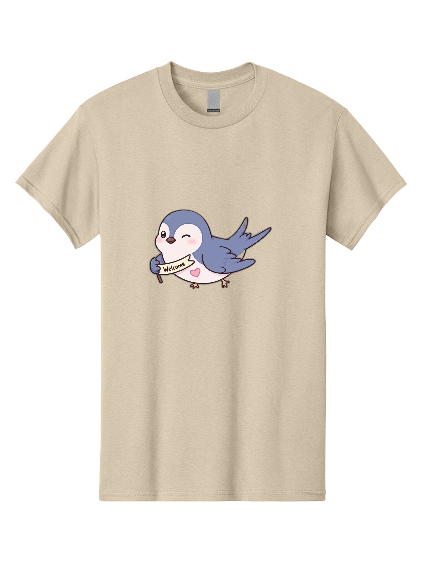 Welcome-Bird Men'S Graphic Tee, 100% Cotton, Comfortable Casual Summer Wear, Machine Washable, Bird Holding Welcome Sign, Cartoon Bird, Cute Bird, Heart On Bird, Welcome Message, Friendly Bird, Adorable Creature, Kawaii Bird Bae327 9