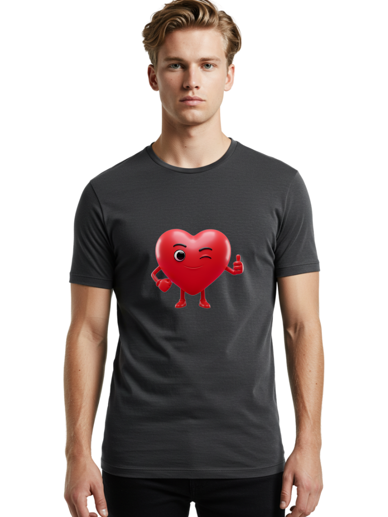 Winking-Heart Men'S Graphic Tee, 100% Cotton, Comfortable Casual Summer Wear, Machine Washable, Heart Character, Heart With Face, Love Emoji, Heart Eyes, Heart Thumbs Up, Red Heart Bae328 17