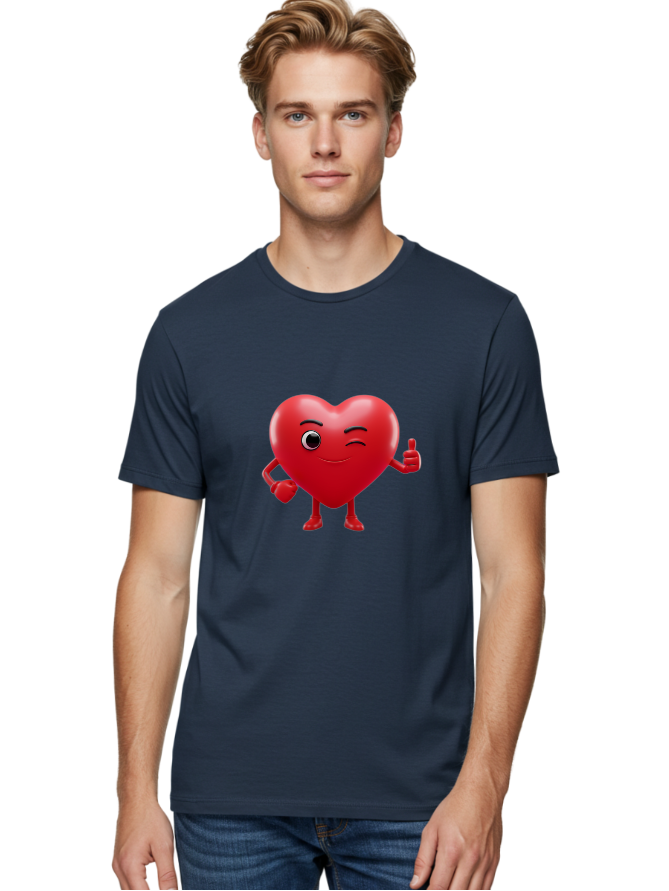 Winking-Heart Men'S Graphic Tee, 100% Cotton, Comfortable Casual Summer Wear, Machine Washable, Heart Character, Heart With Face, Love Emoji, Heart Eyes, Heart Thumbs Up, Red Heart Bae328 19
