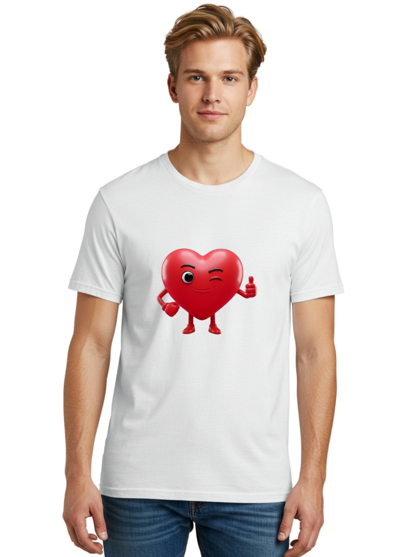Winking-Heart Men'S Graphic Tee, 100% Cotton, Comfortable Casual Summer Wear, Machine Washable, Heart Character, Heart With Face, Love Emoji, Heart Eyes, Heart Thumbs Up, Red Heart Bae328 23